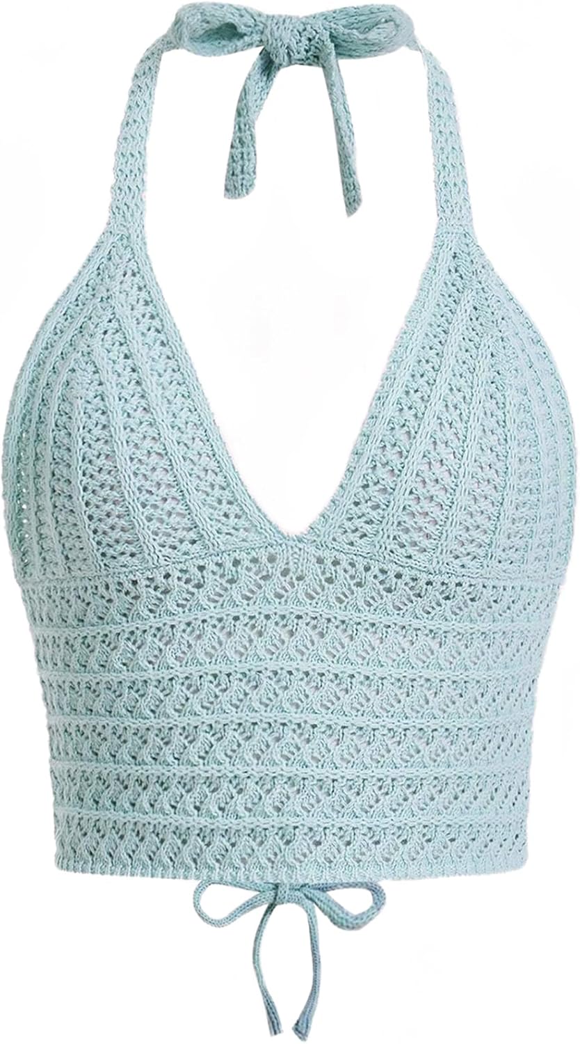 Women Sexy Hollow Out Crochet Crop Halter Tops Y2K Knitted V Neck Sleeveless Backless Lace Up Crop Cami Tank Beachwear