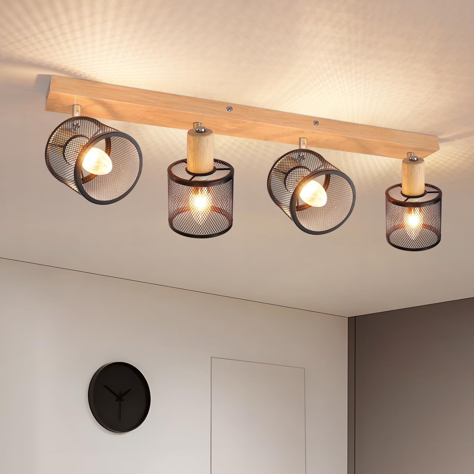 Deboola Deckenstrahler 4 Flammig Deckenleuchte Holz - Deckenlampe Vintage Wohnzimmer Schwarz Strahler E14 Schwenkbar Deckenspot Schlafzimmer Flur-Ohne Leuchtmittel