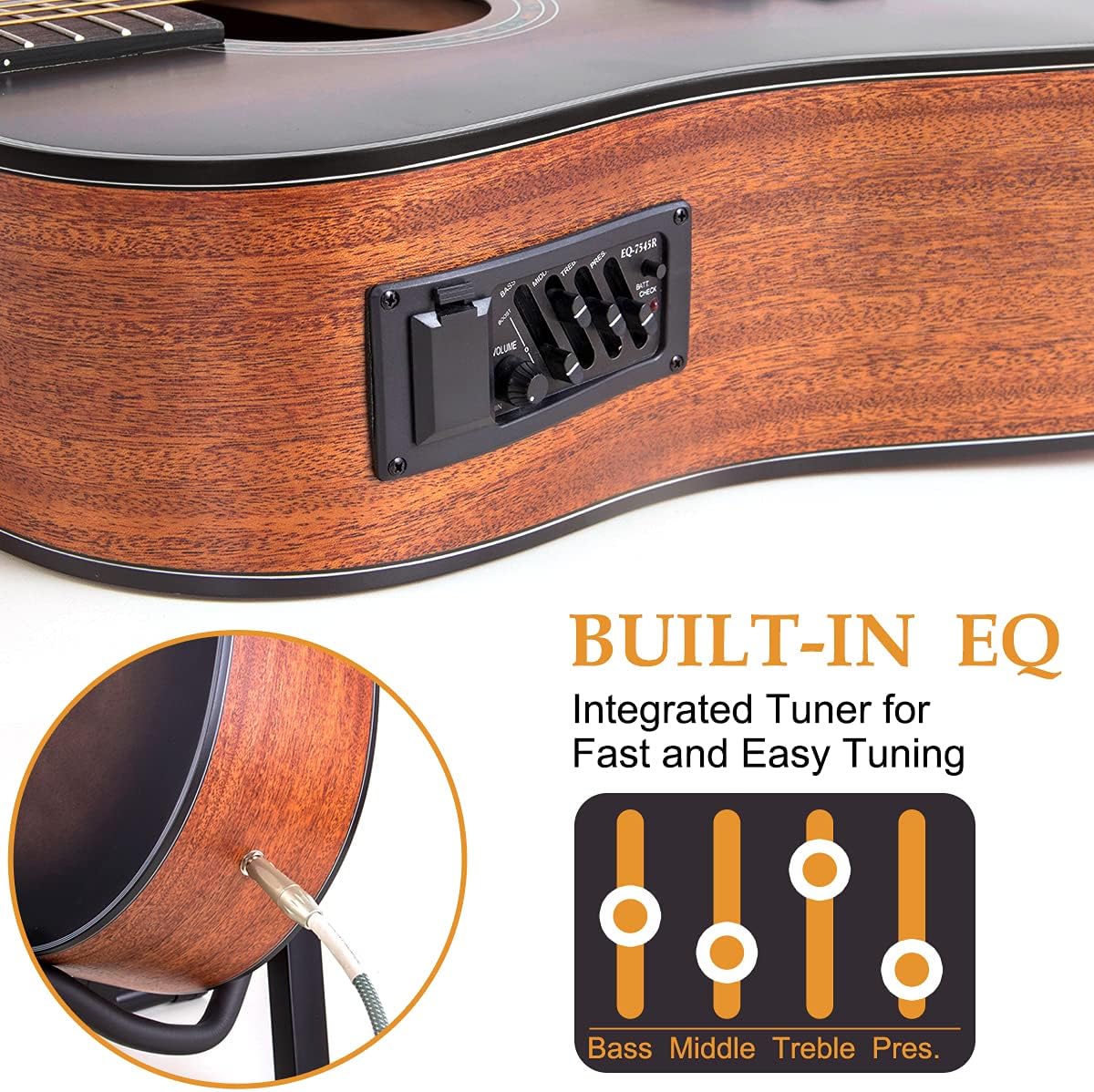 Close-up of the guitar's built-in EQ unit with controls for volume, bass, mid, treble, and presence, and an output jack