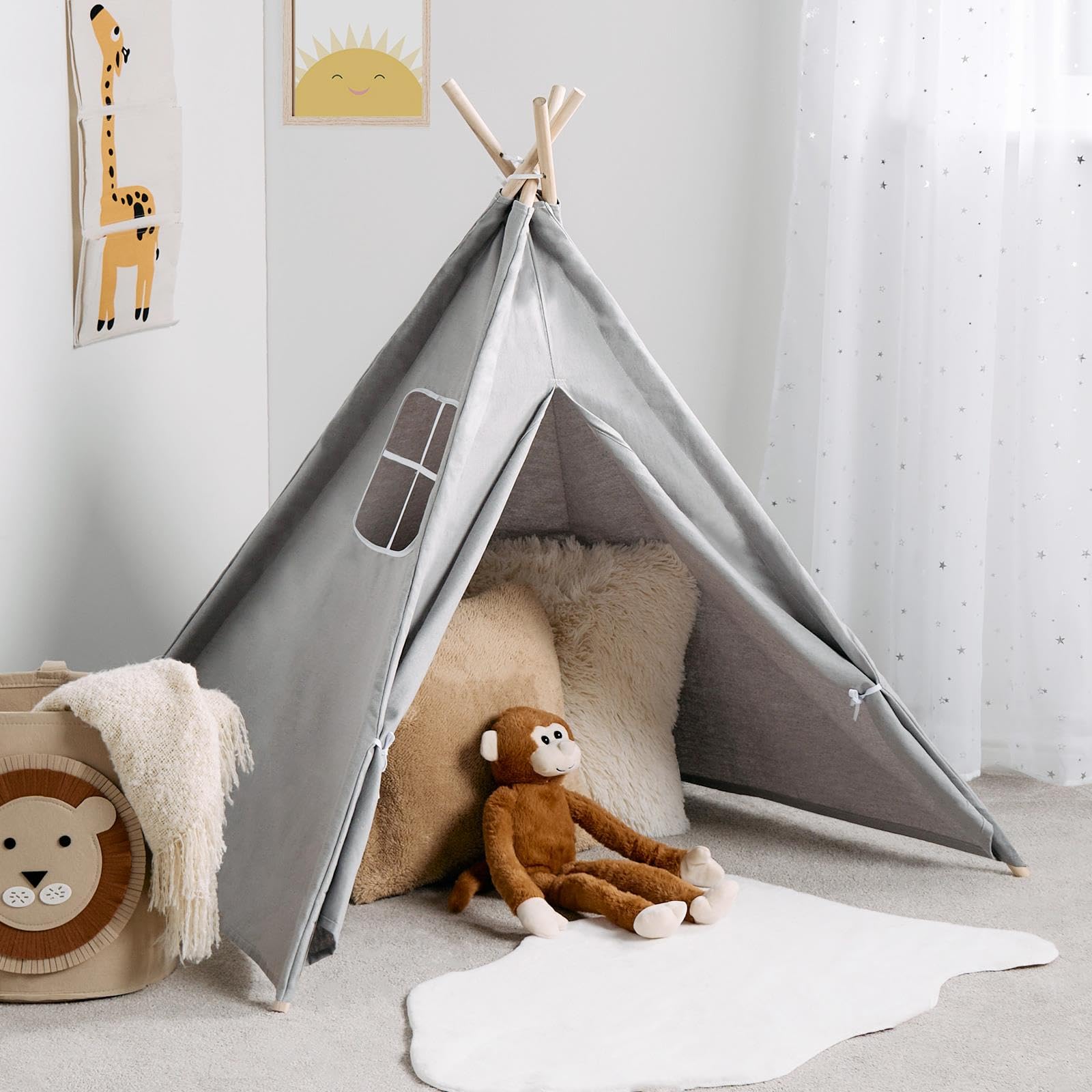 OHS Teepee Tent for Kids, Easy to Assemble Foldable Sleepover Indoor for Kids Portable Teepee Garden Beach Canvas Playhouse with 4 Wood Poles