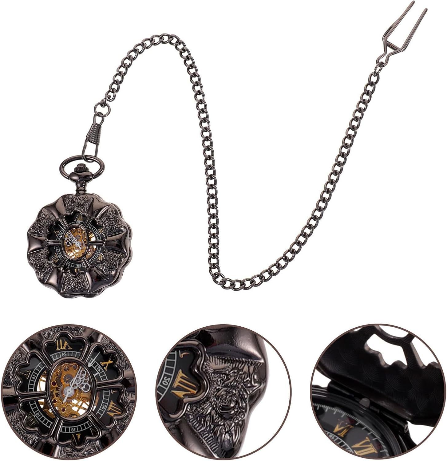 Antique Mechanical Pocket Watch with Hanging Link Design, Black Alloy Pumpkin-Shaped Retro Style, Precise Timing for Men and Women Vintage Accessories