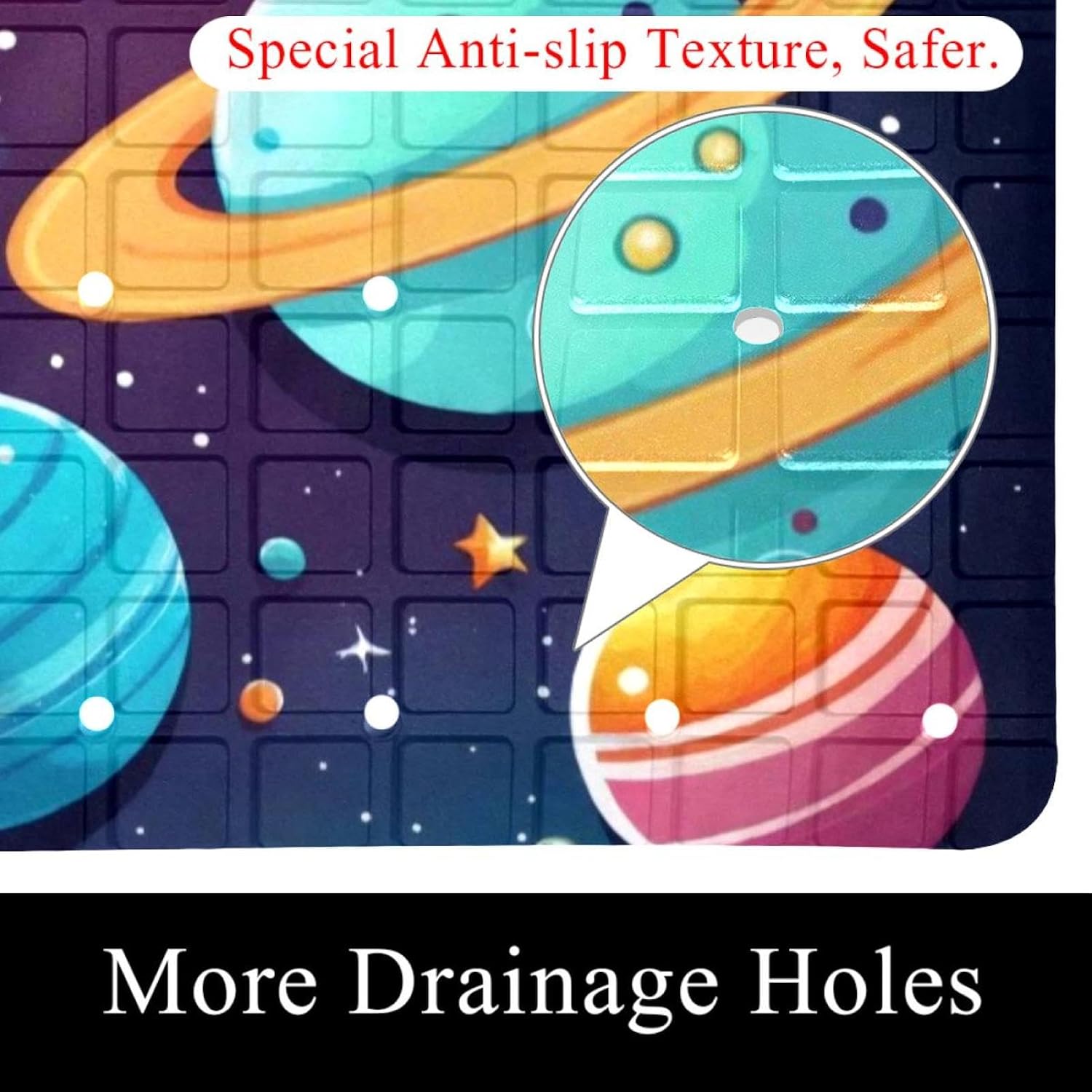 Bathtub Mats for Shower Tub, Colorful Planets Solar System Space with Stars Pattern Anti-Slip Bath Mats for Inside Tub, Bathroom Shower Mats with Drain Holes and Suction Cups
