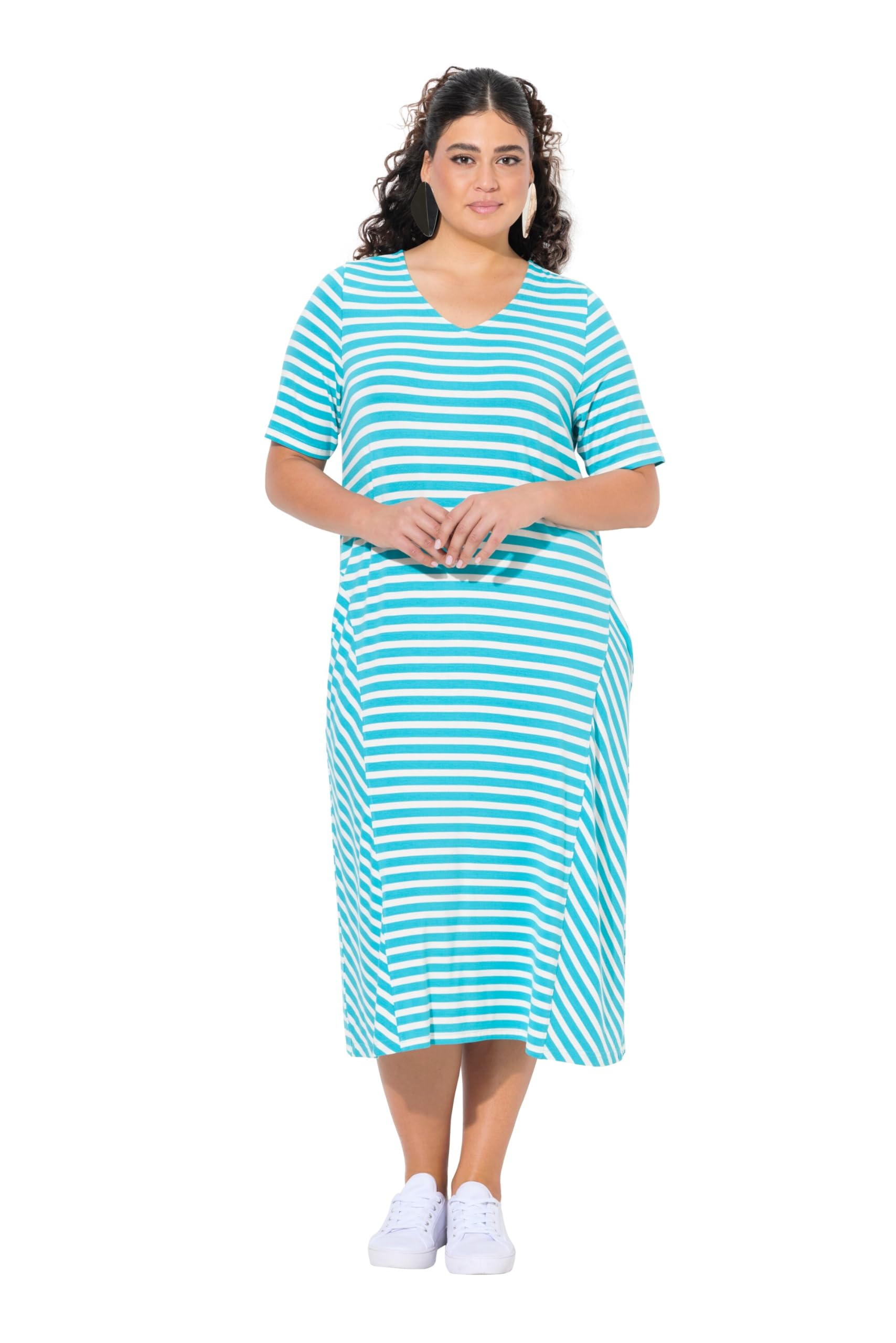 Ulla Popken Damen große Größen Übergrößen Plus Size Midikleid, Ringel, A-Linie, V-Ausschnitt, Halbarm, Taschen 838561