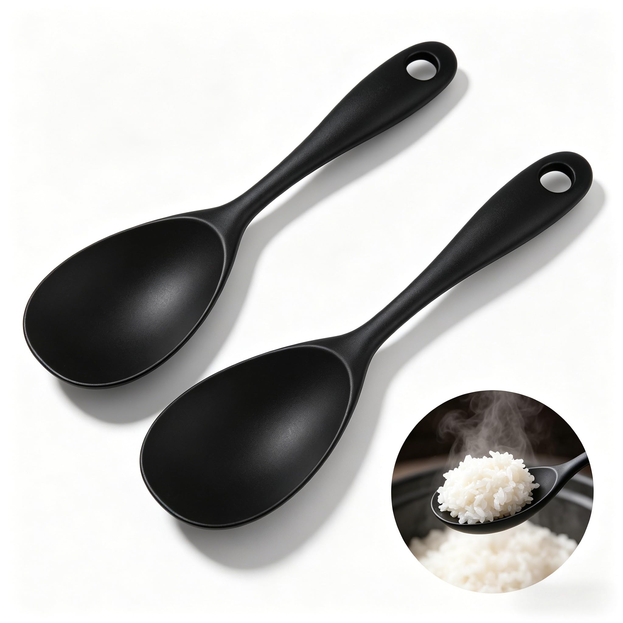 2 Stück Reislöffel Silikon,22,5 x 6,2 cm Antihaft Reiskocher Löffel,Servierlöffel Silikon mit Loch Zum Aufhängen,BPA-Free,Hitzebeständiger Silikon Löffel für Kartoffelpüree,Reis,Reiskocher (Schwarz)