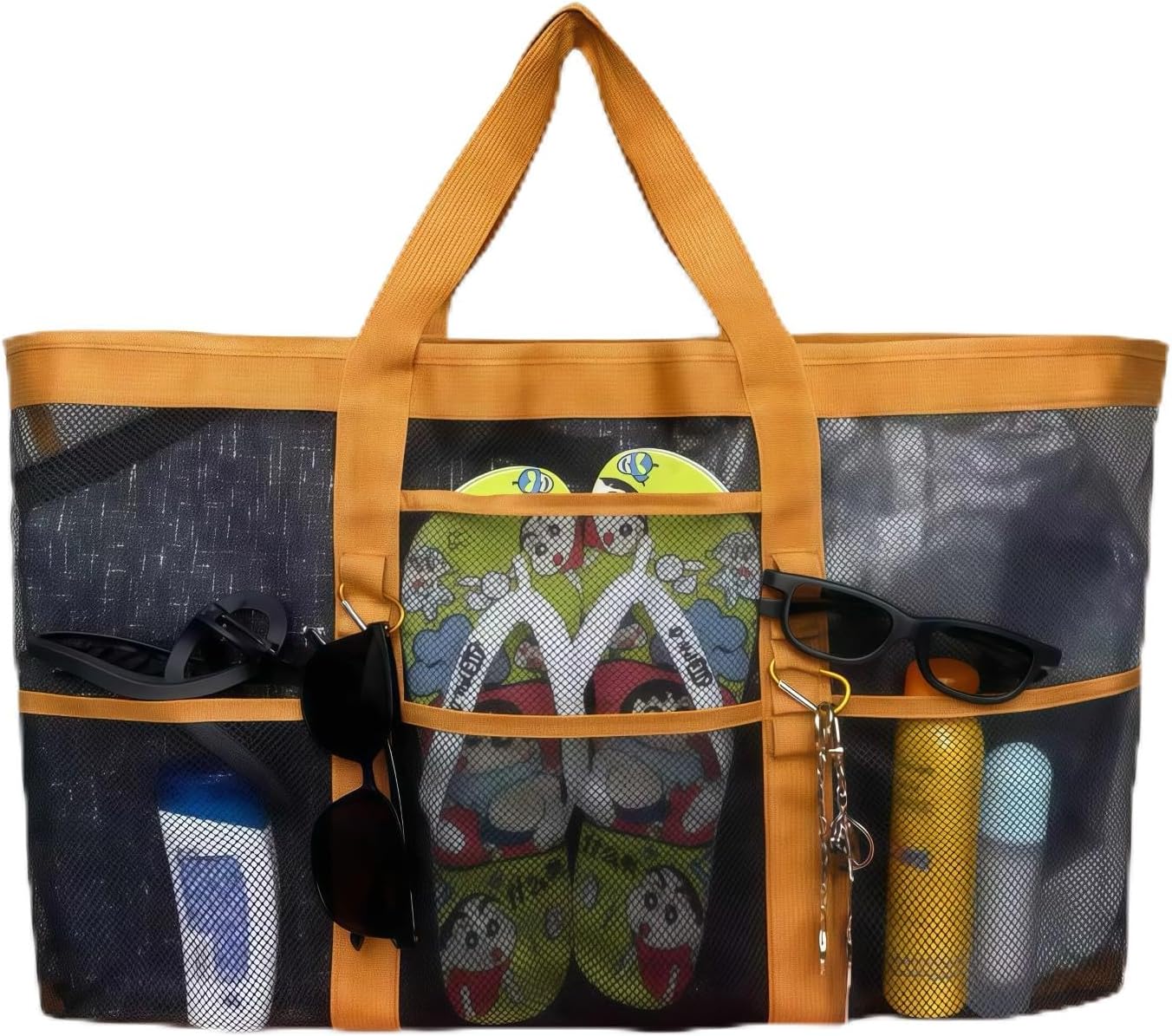 XX-Large Women's Mesh Tote, 9 Pockets, 2 Carabiners, Incl Waterproof Bag, Lightweight, Stylish – Beach, Pool, Travel