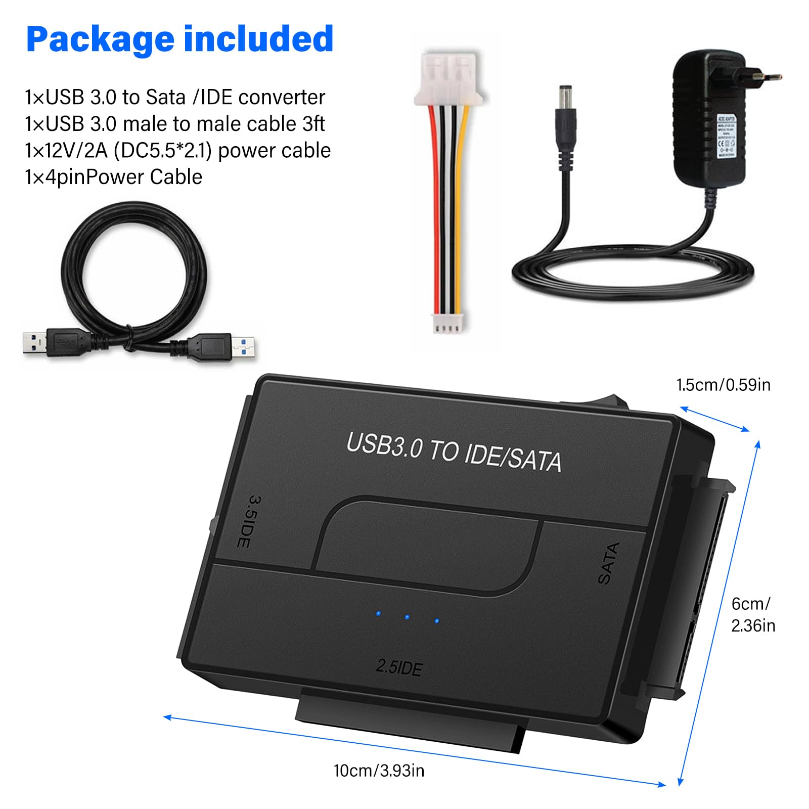 Adattatore USB 3.0 a SATA IDE da USB 3.0 a IDE/SATA per dischi rigidi SATA da 2,5/3,5 pollici, adattatore per disco rigido esterno con cavo USB, cavo SATA e alimentatore da 12 V/2 A