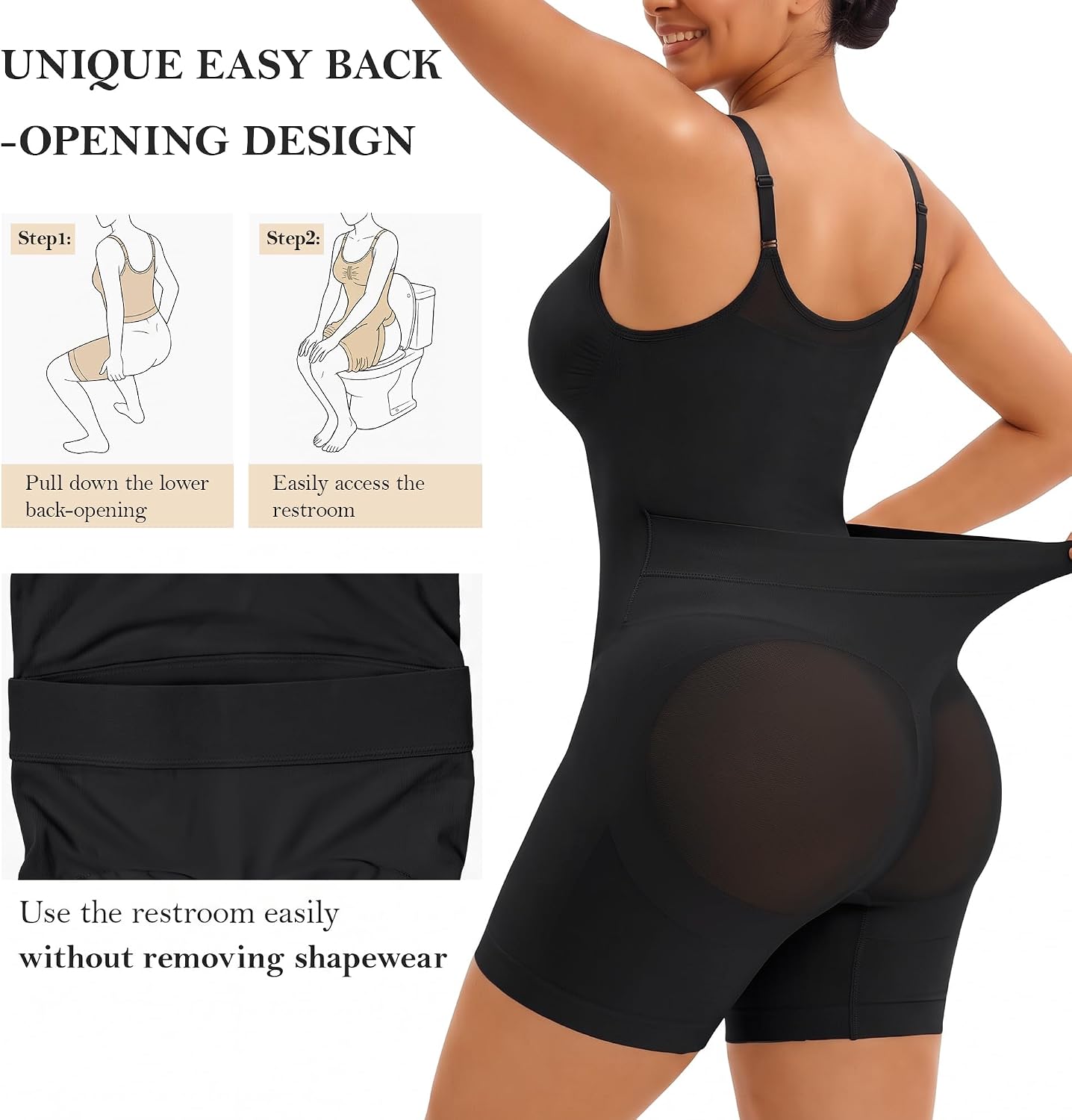 YIANNA Women Shapewear Tummy Control Bodysuit Bathroom-Friendly Body Shaper