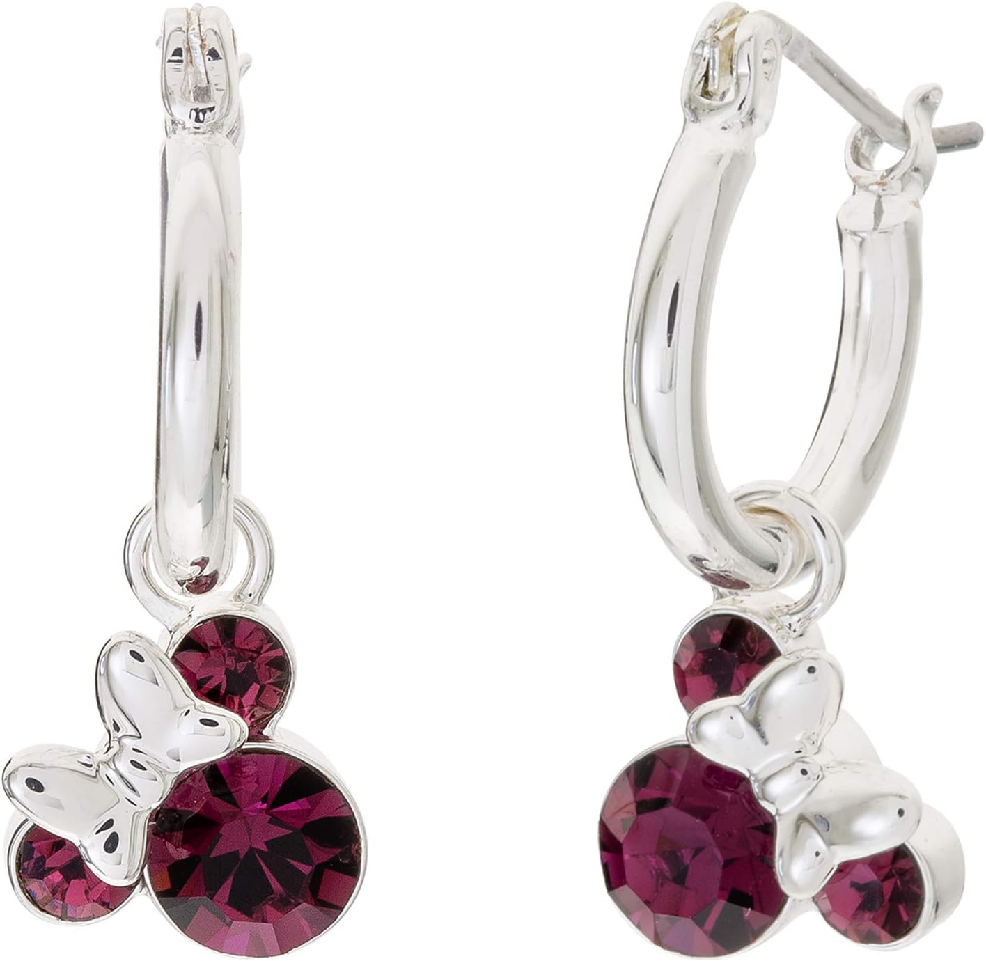 Disney Minnie Mouse Jewelry, Crystal Birthstone Silver Plated Hoop Dangle Earrings, Latch Back
