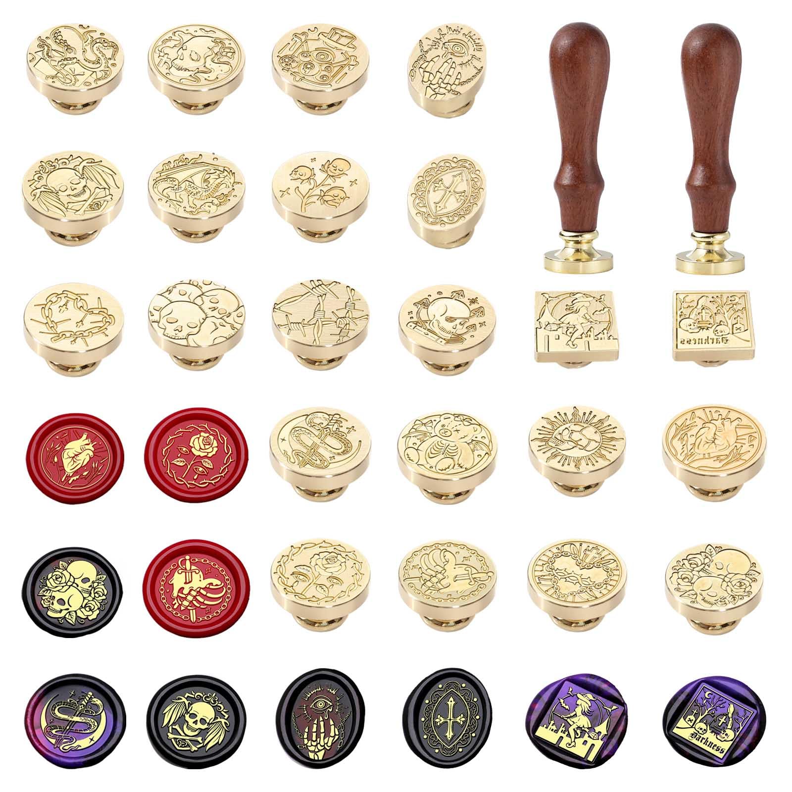 Dark Series Wax Stamp Kit- 22 Pieces Vintage Evil Sealing Wax Stamps with 2 Pieces Handles for Envelope Sealing,Halloween (Skulls, Bats, Witches, Dragons, Roses...)