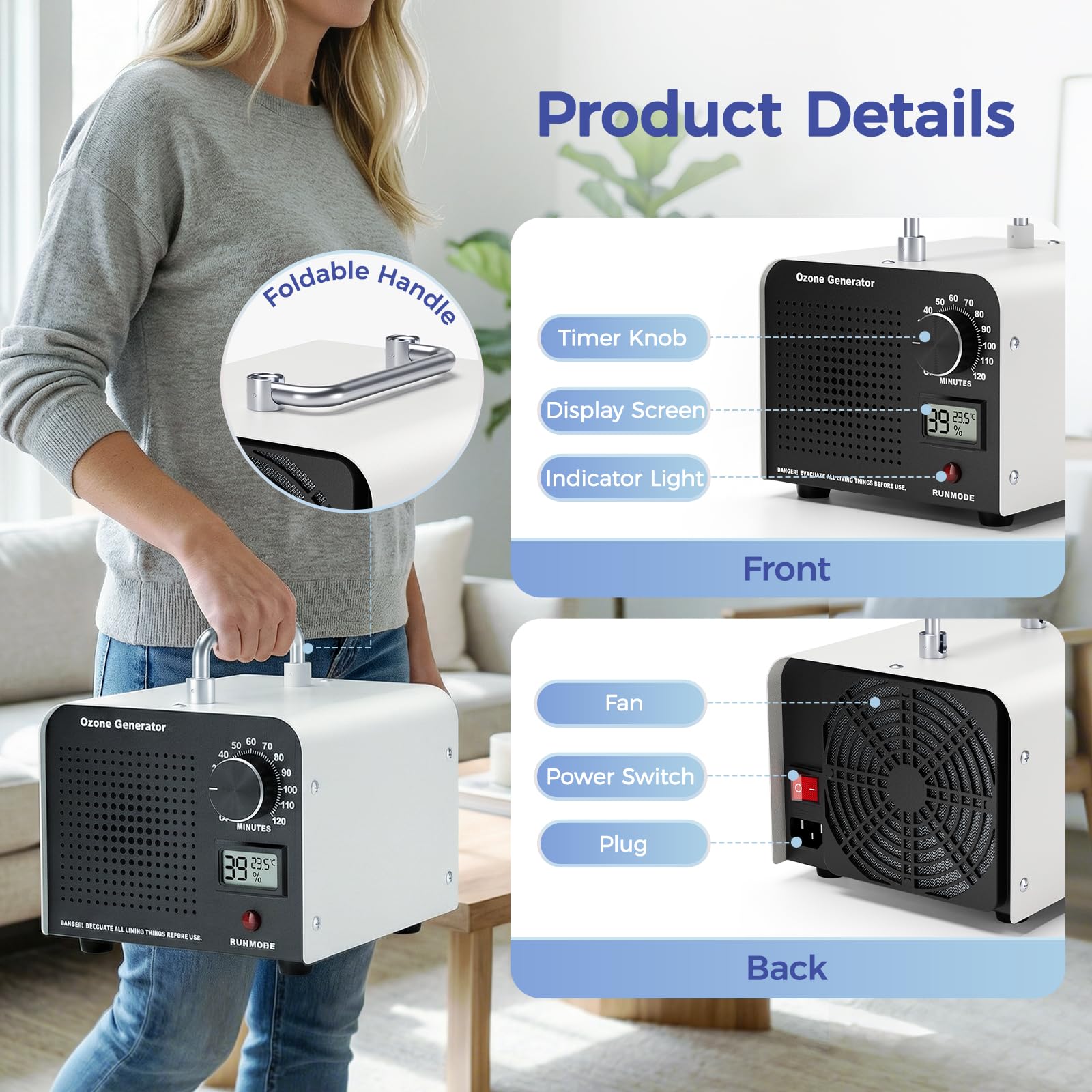 Hochleistungs Ozongenerator 60000 mg/h, Luftreiniger, mit Temperatur- und Luftfeuchtigkeitsanzeige, 120-Minuten Timer für 320㎡ Raum für Zuhause, Auto, Büro, Garage, Rauch, Haustiergerüche