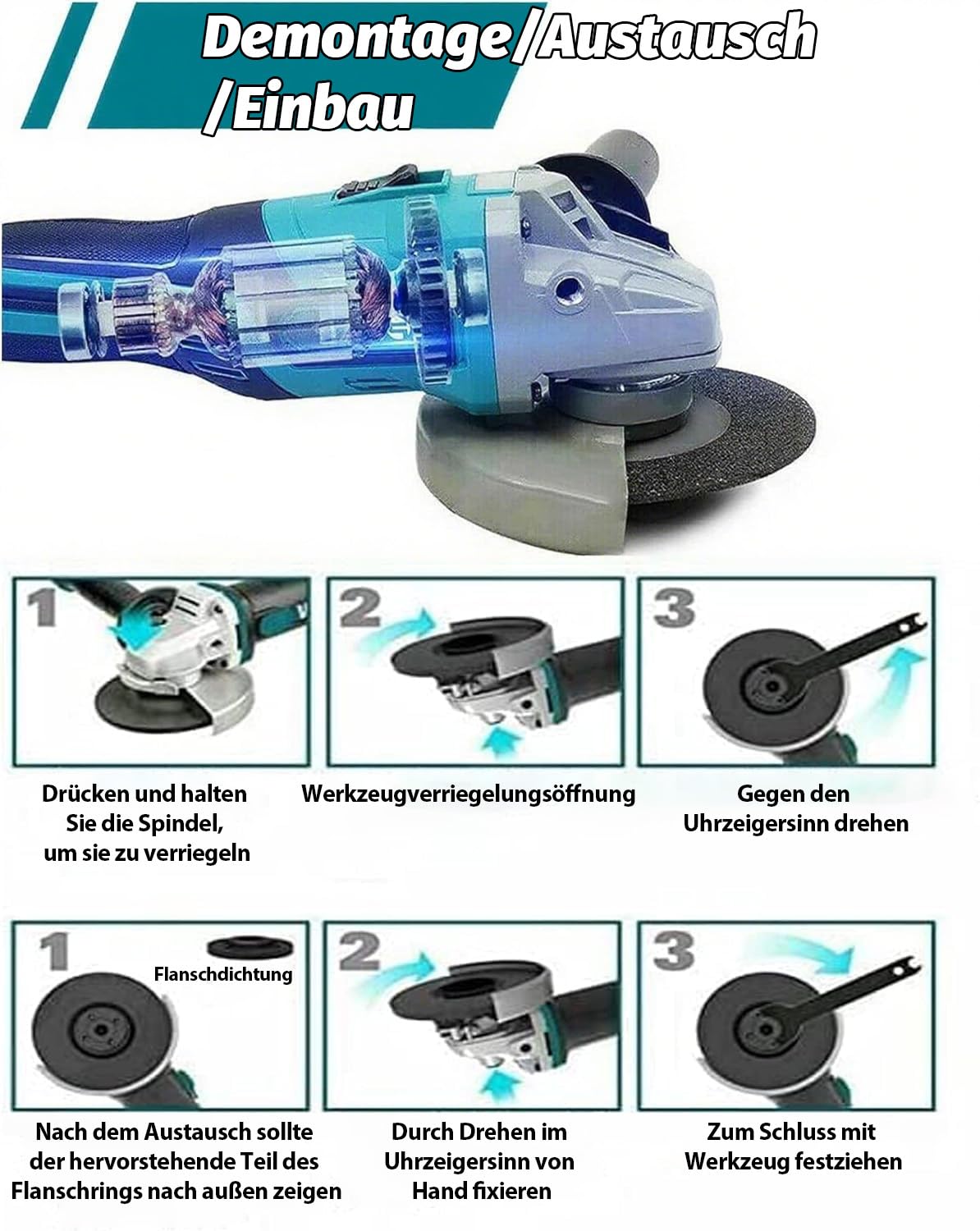 Akku Winkelschleifer Set mit 2×5500mAh Akku & Ladegerät und 14 Zubehörteile, 125mm Akku Flex für 18V Makita Akkus, Bürstenlon Trennschleifer Zum Schneiden, Schleifen, Polieren (10000 U/min)