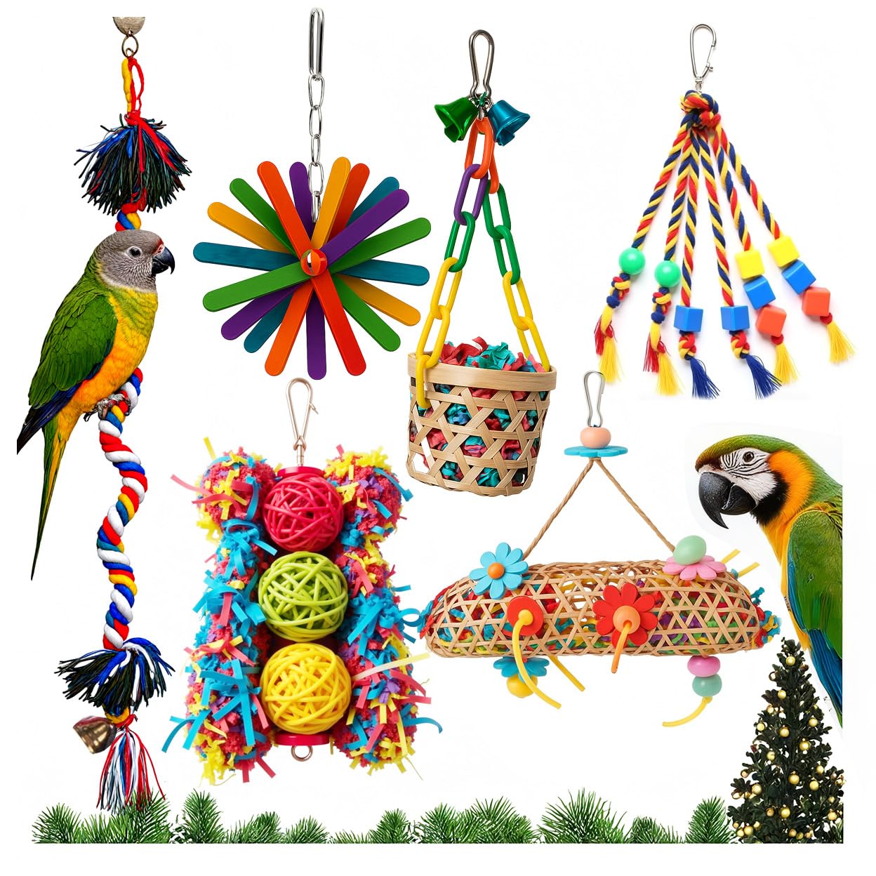 Bygytyo 6 Pack Bird Toys for Parakeet, Parrot & Conure Delights- Featuring Foraging and Chewing Delights, Large Bird Accessories, and Unique Cage Perches for a Joyful Aviary