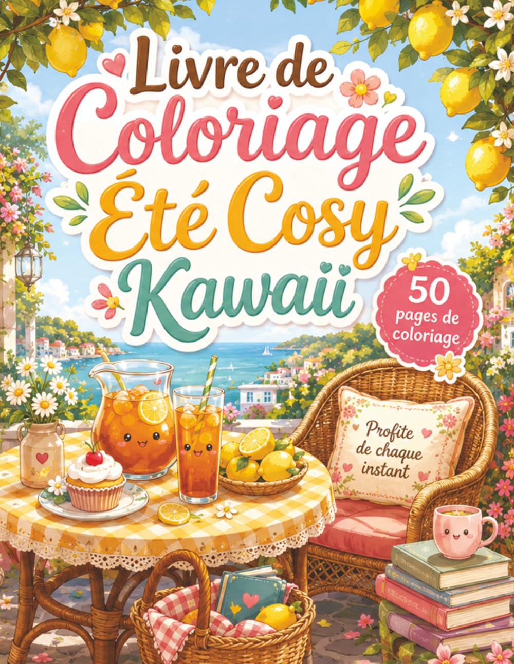 Livre de Coloriage Été Cosy Kawaii: 50 moments apaisants au bord de l’océan pour adultes et ados — lanternes, fleurs et soirées d’été