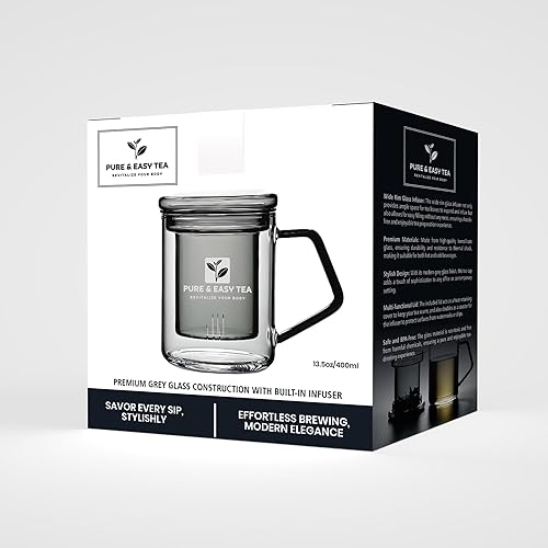 Miniatura 2 de Pure And Easy Tea, Taza de té de vidrio de borosilicato con infusor y tapa, taza de filtro de té, vidrio gris moderno, té de hojas sueltas favorito