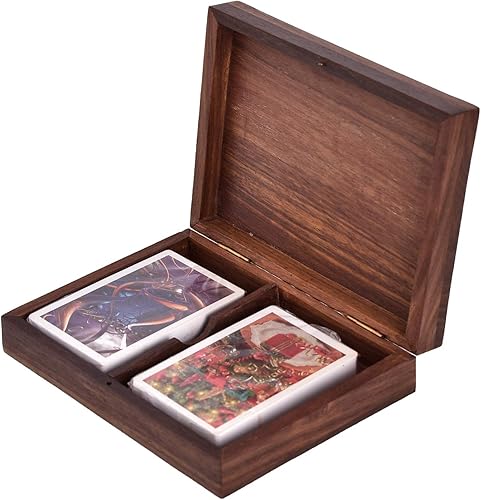 Miniatura 5 de Ajuny Caja decorativa hecha a mano de madera de doble cubierta para cartas, estuche organizador de latón con incrustaciones de latón con 2 paquetes