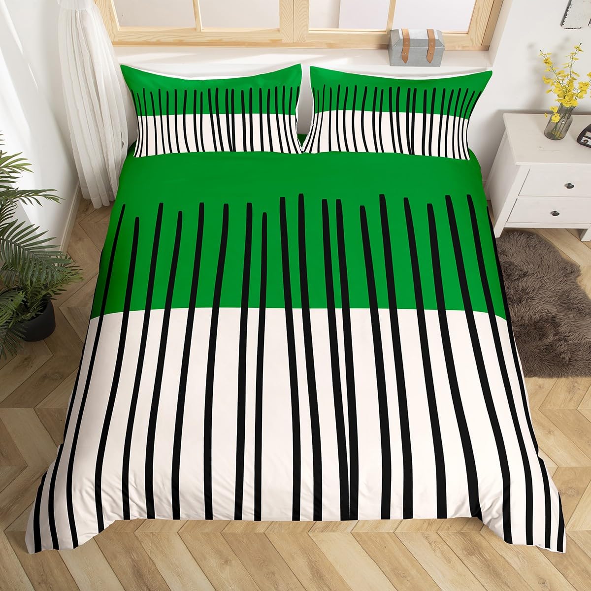 Homewish Green White Geometric King Size Duvet Cover Set - Abstract Black Vertical Striped Bedding with 2 Pillowcases - Mid-Century Art Deco Microfiber Quilt Cover Modern Stylish Bed Sets