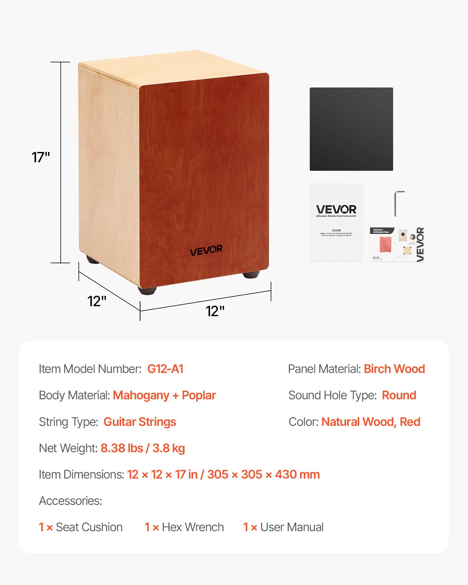 VEVOR Cajon Box Drum, Con Corde per Chitarra Interne, Scatola di Percussioni in Legno Leggera, Strumento Musicale Portatile in Legno di Betulla con Piedini in Silicone, 30,5 x 30,5 x 43,2 cm
