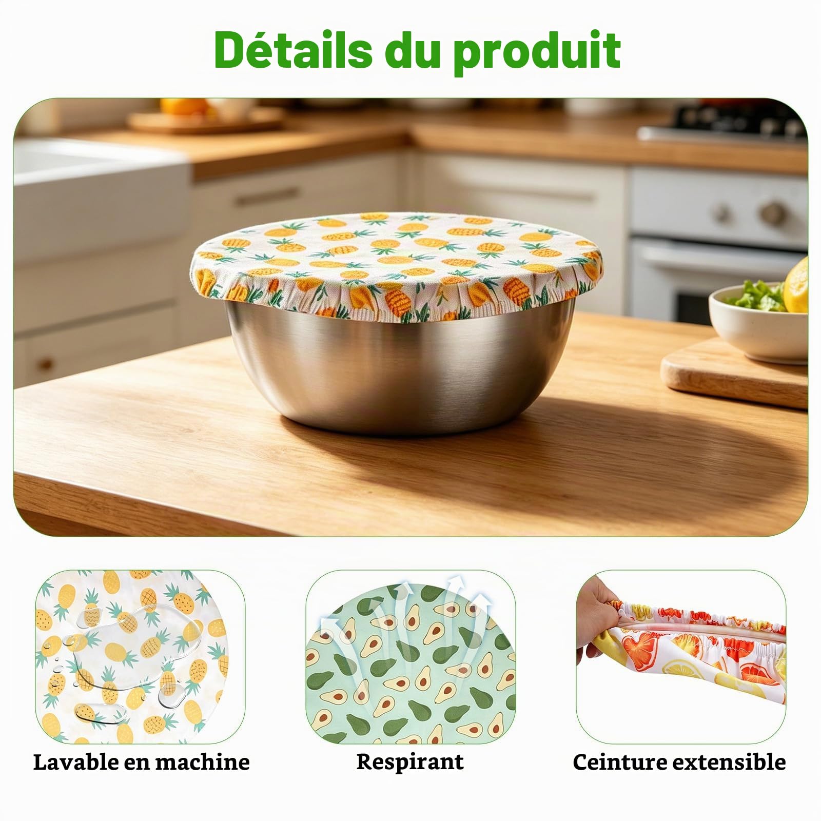 Lot de 5 housses de protection alimentaires en coton, réutilisables, avec élastique, convient pour 10, 15, 20, 25, 30 cm, imperméables, pour panier de fermentation, bols, casseroles