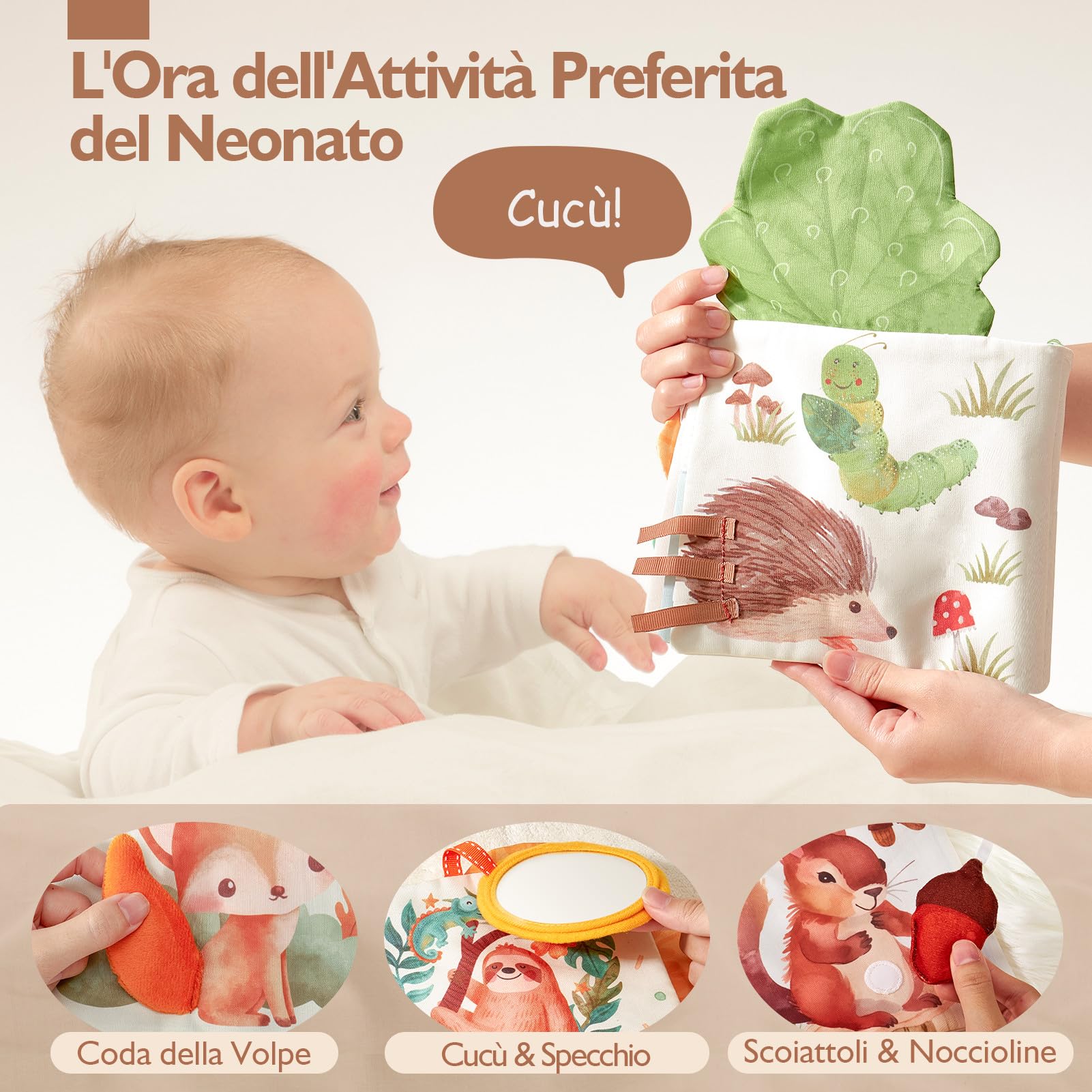 hahaland Libri di Stoffa Neonati 0-6 Mesi - Morbidi Animali Interattivi Libretto Tattile con Specchio - Giochi Sensoriali per Bimbo Bimba