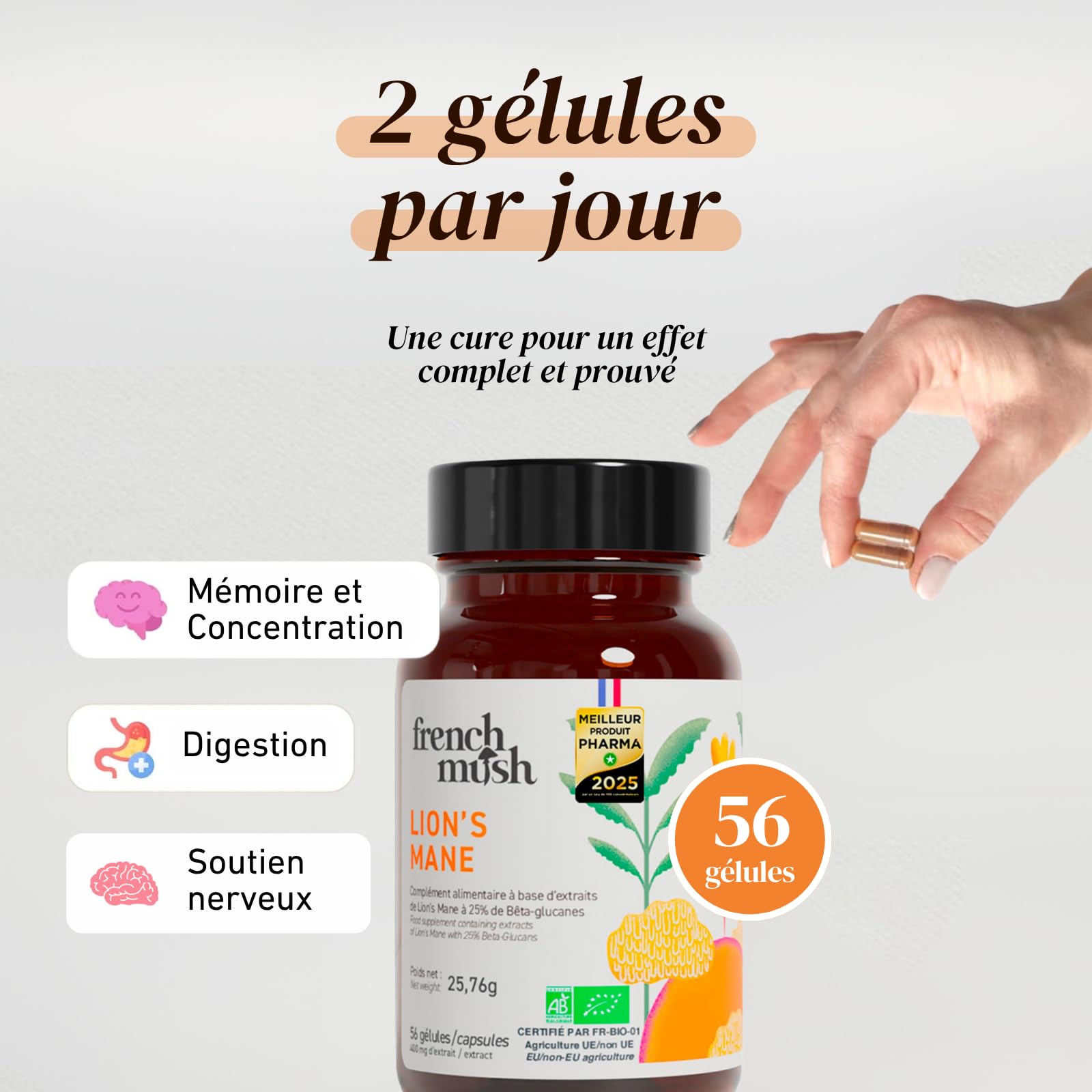 French Mush - Lions Mane Bio 8000 mg - 56 Gélules Vegan pour le Cerveau, Bien-Être, Stabilité Humeur - 1 à 2 Gélules/Jour - Extrait Crinière de Lion Riche en Molécules Bioactives - Fabriqué en France
