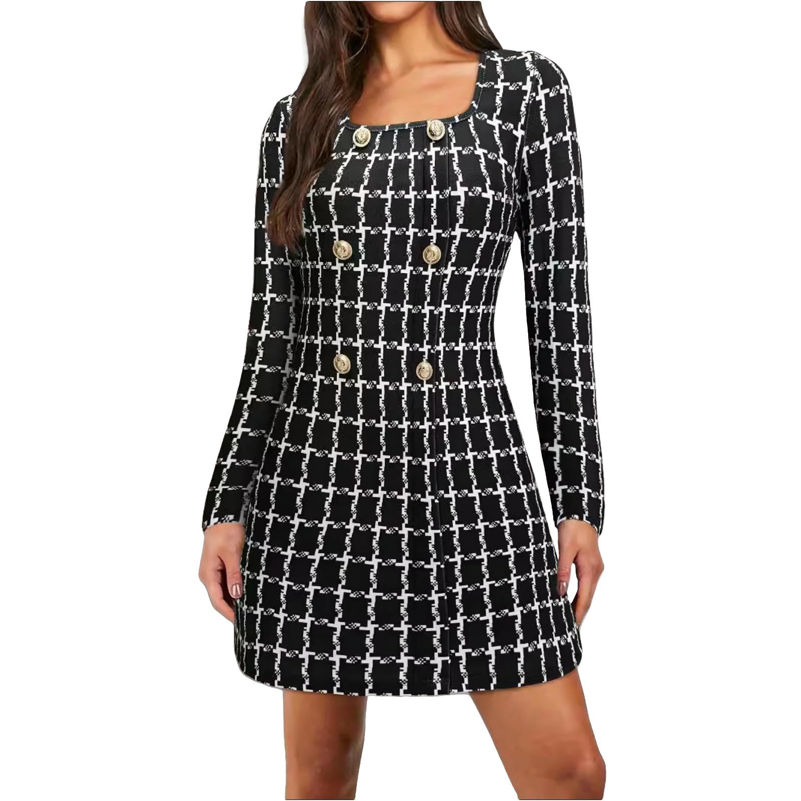 Summer Dresses For Women Women's Square Neck Long Sleeve Button Print Dress Elegant Commuter Slim