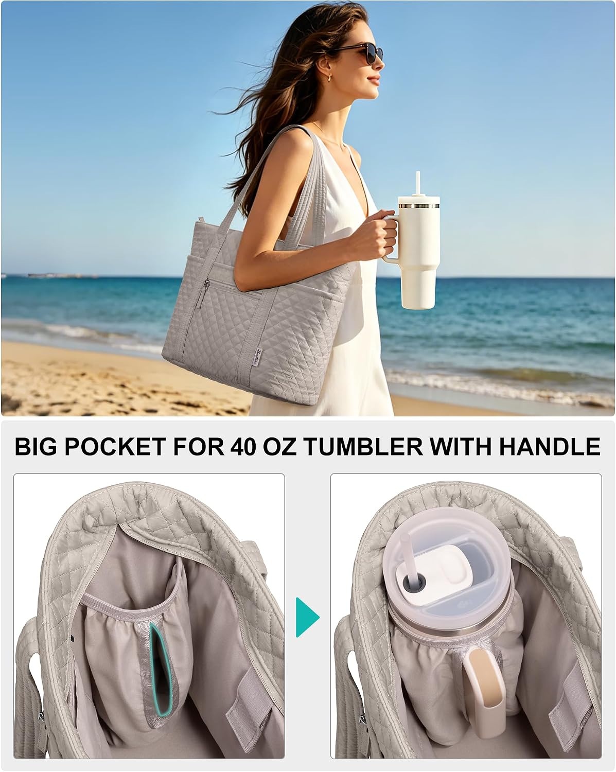 Bagstellar Quilted Tote Bag for Women, Puffer Cotton Work Tote Teacher Nurse Shoulder Bag Handbag for School, Travel, Nursing