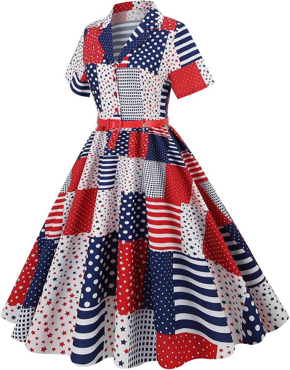 Women 50s Fourth of July American Flag Dress 1950s Audrey Hepburn Notch Lapel Vintage V-Neck Cocktail Swing Dress with Belt