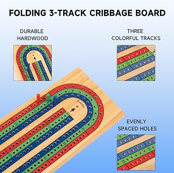 GSE Wooden Portable Folding 3-Track Cribbage Board with 6 Plastic Pegs