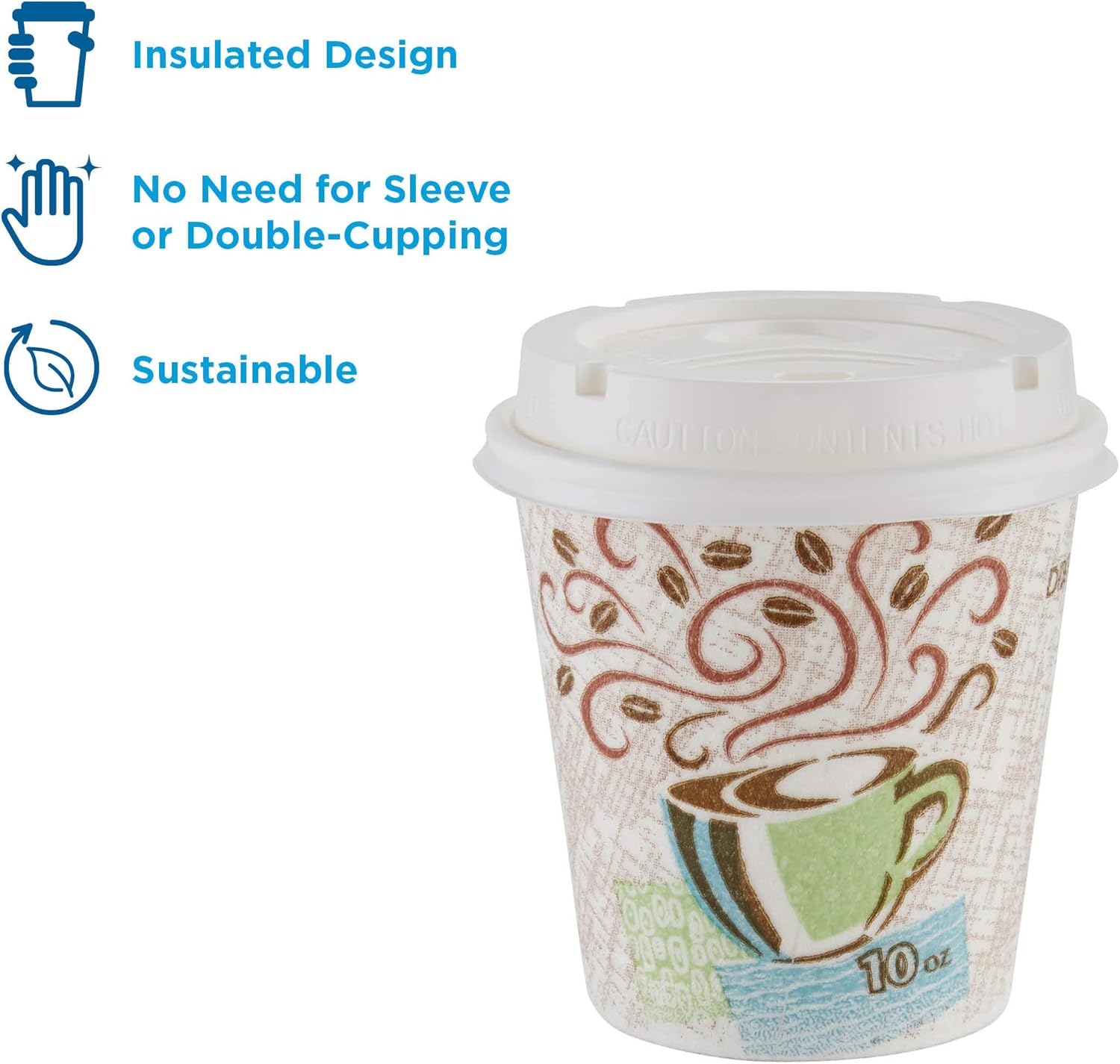 Dixie PerfecTouch 10 oz Paper Coffee Cups and Lids By GP PRO, Coffee Haze Design, 300 Disposable Cups and Lids (50 Disposable Cups and Lids Per Pack, 6 Packs Per Case), 5310COMBO600