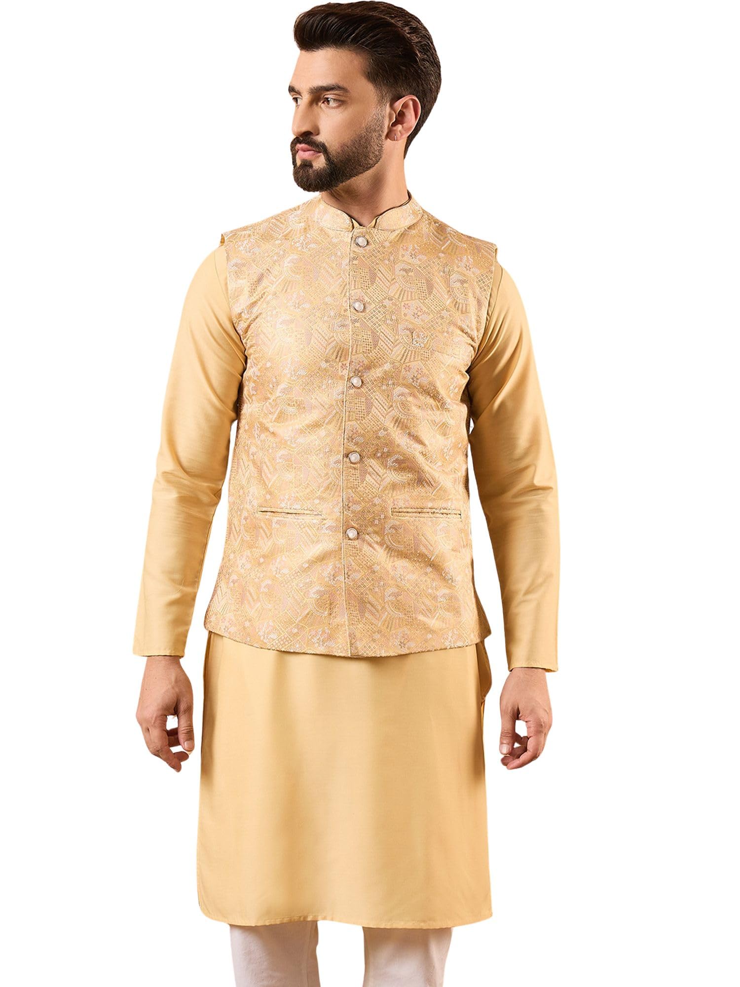 Mens Yellow Silk Blend Woven Design Mandarin Collar Koti | Men's | Koti's for Men | Woven Design Kotis for Men's (MKOT1012, S)-picture-34