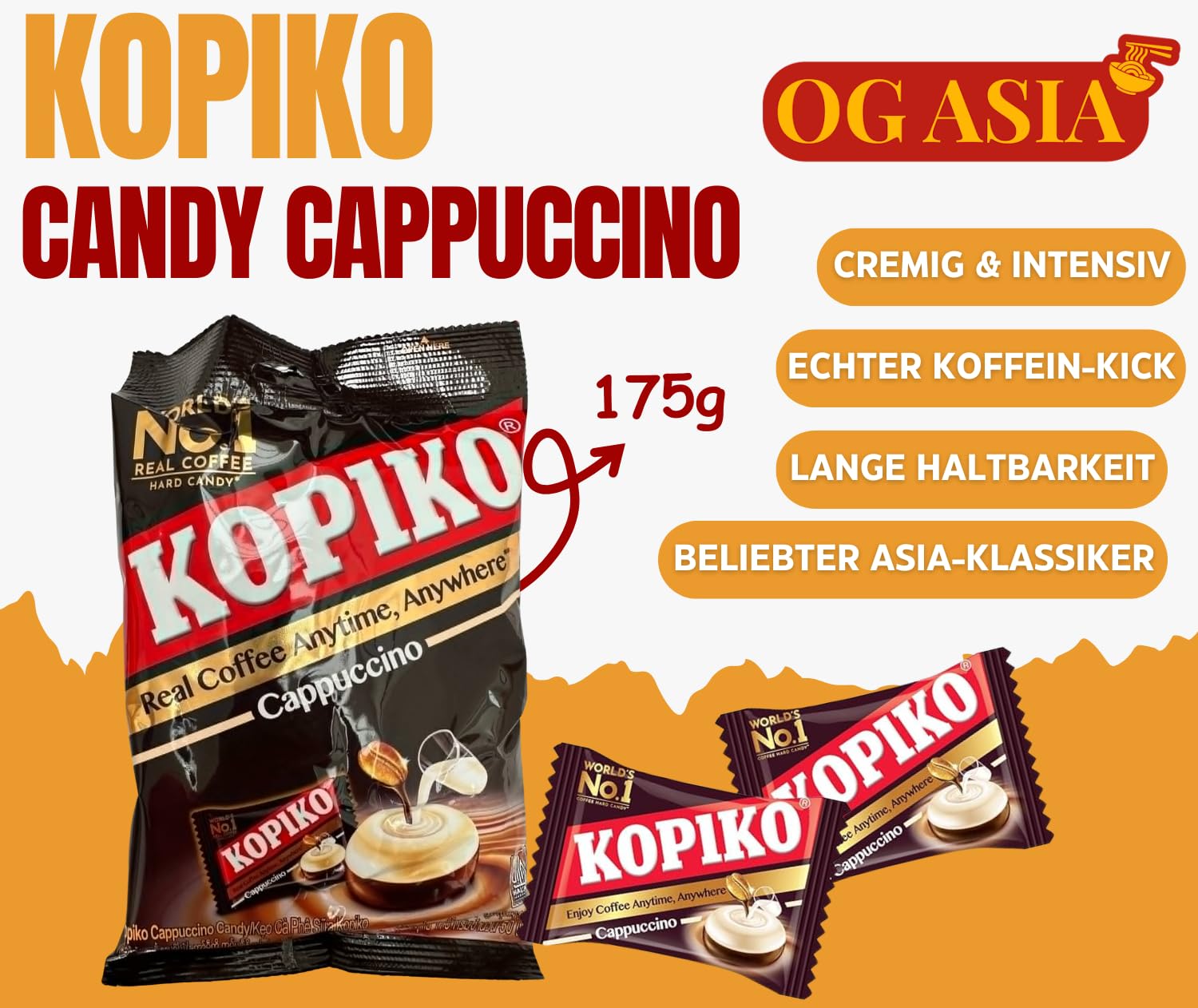 KOPIKO Cukierki do kawy Cappuccino - Autentyczne kawaowe przyjemności - OG ASIA - 175 g woreczek