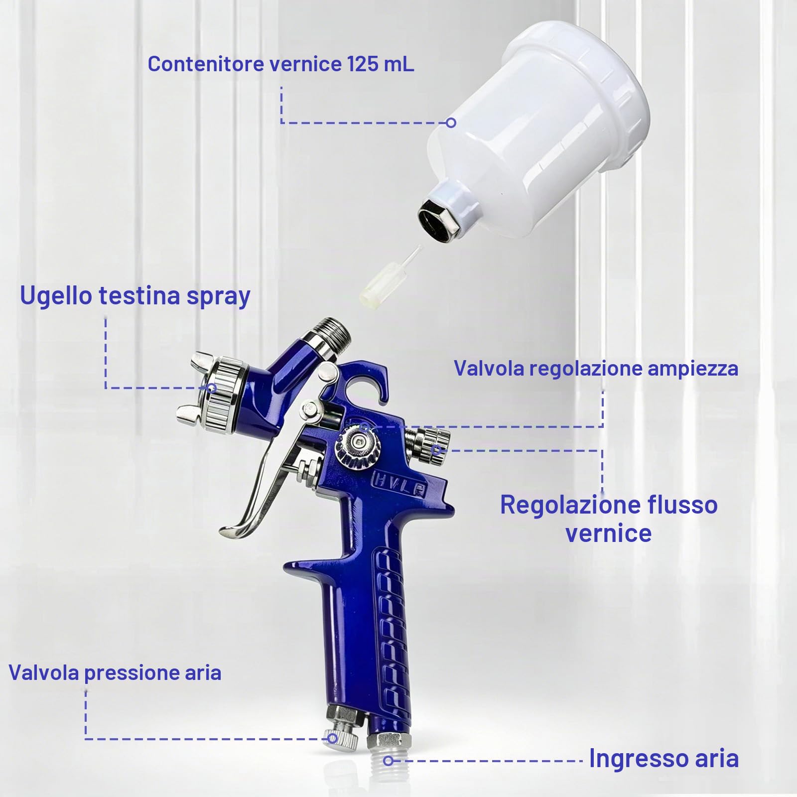 Mini pistola a spruzzo HVLP H2000, ugelli 0,5/0,8/1,0mm, bicchiere 125ml