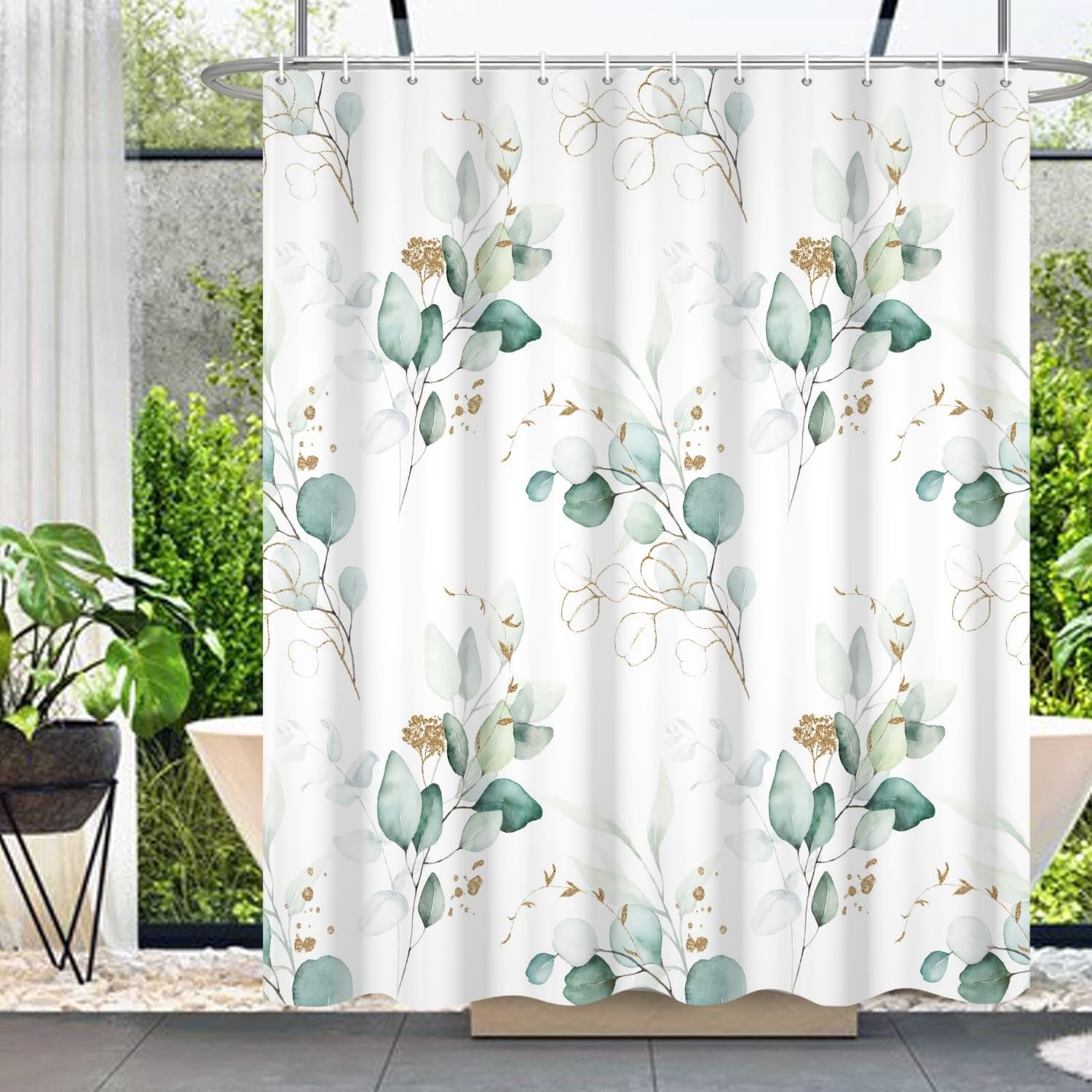 Eucalyptus Leaves Shower Curtain Abstract Branches Leaf Spring Nature for Bathroom Modern Farmhouse Style Home Decor Waterproof Polyester Fabric Shower Curtain with Hooks, 72x72 Inch