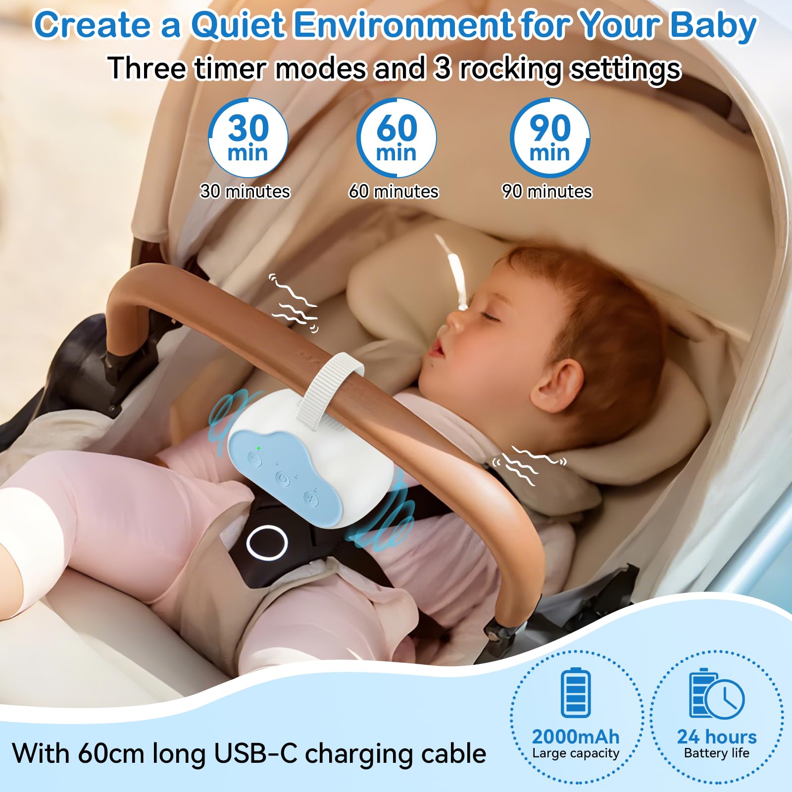 Jkevow Baby Rocker, Ausilio per il Sonno Ricaricabile con 3 Intensità di Dondolo Regolabili e Timer da 30, 60 e 90 Minuti, Adatto ai Passeggini, Dondola Delicatamente Qualsiasi Passeggino