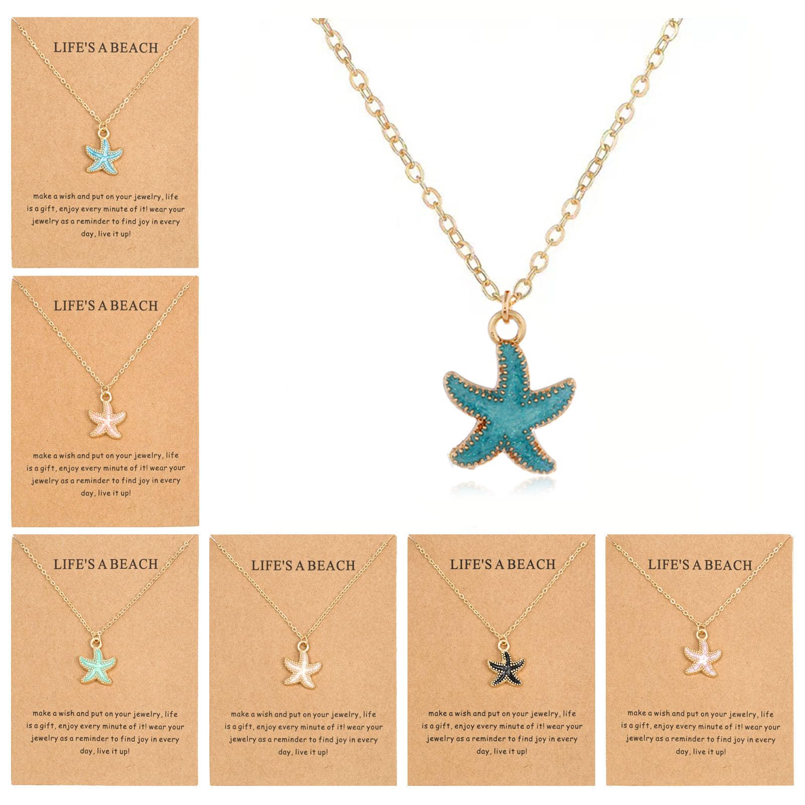 Rrdaily 6 Pcs Gold Starfish Necklace Sets Boho Beach Gifts for Women Cute Starfish Pendant Necklace Pack Friendship Necklace for Birthday Party Favors