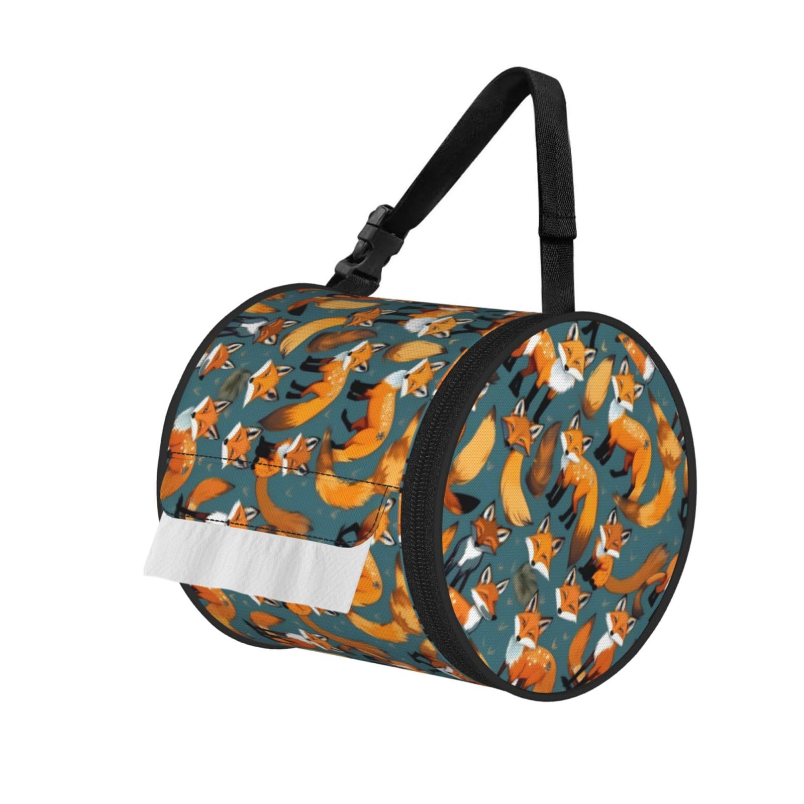 Jiuty Black Many Foxes Print Cylinder Tissue Organizer Bag With Strap, Portable Toilet Roll Holder For Camping Car