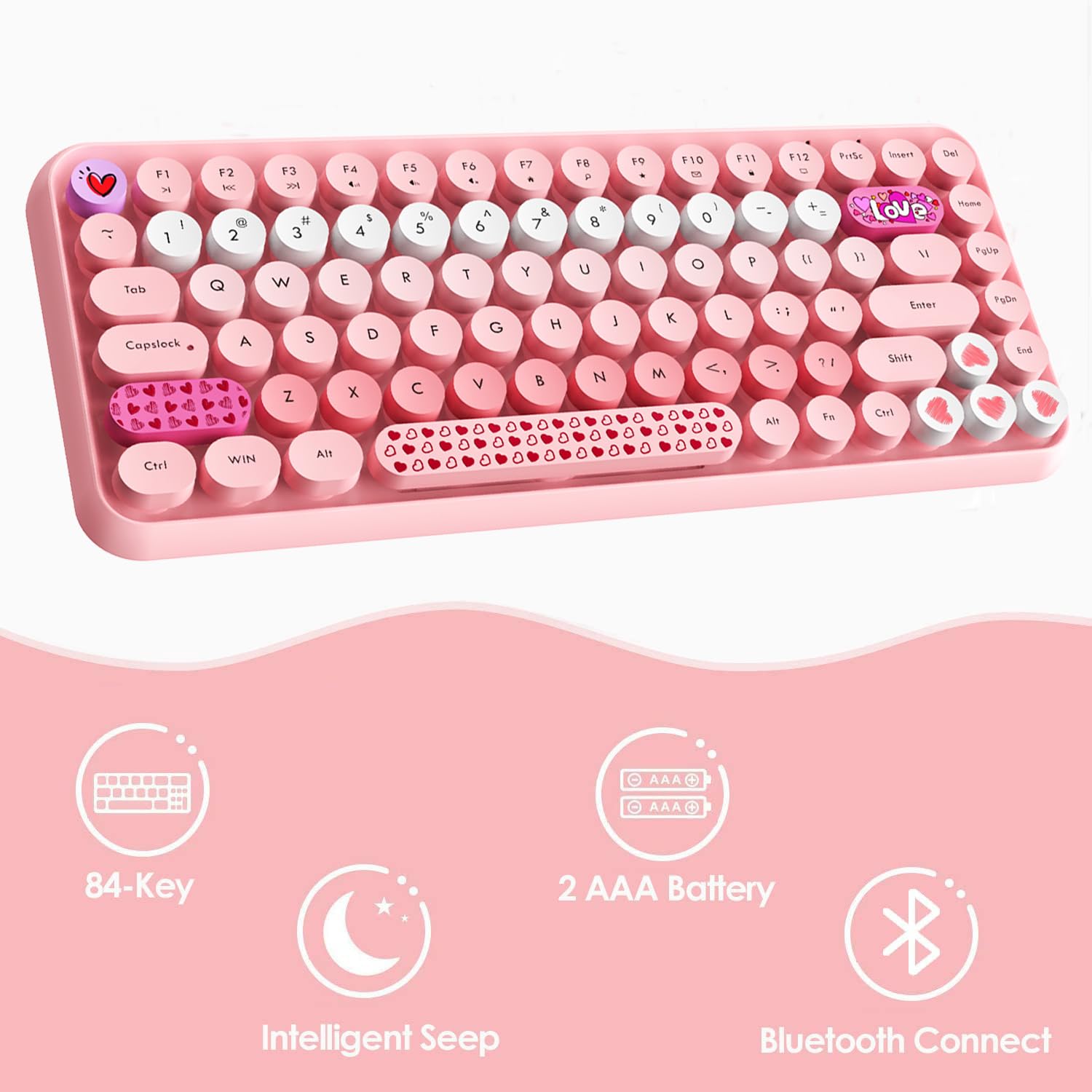Bezprzewodowa klawiatura Bluetooth, uroczy Mini 84-klawiszowy kompaktowy, połączenie bezprzewodowe 2,4 GHz, okrągłe klawisze ABS w stylu maszyny do pisania, do laptopów komputerowych (Orange Pink)