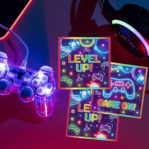 Miniatura 4 de Decoraciones de fiesta de videojuegos, 40 servilletas desechables de neón para fiestas de videojuegos, para niños, niñas, jugadores, tema de