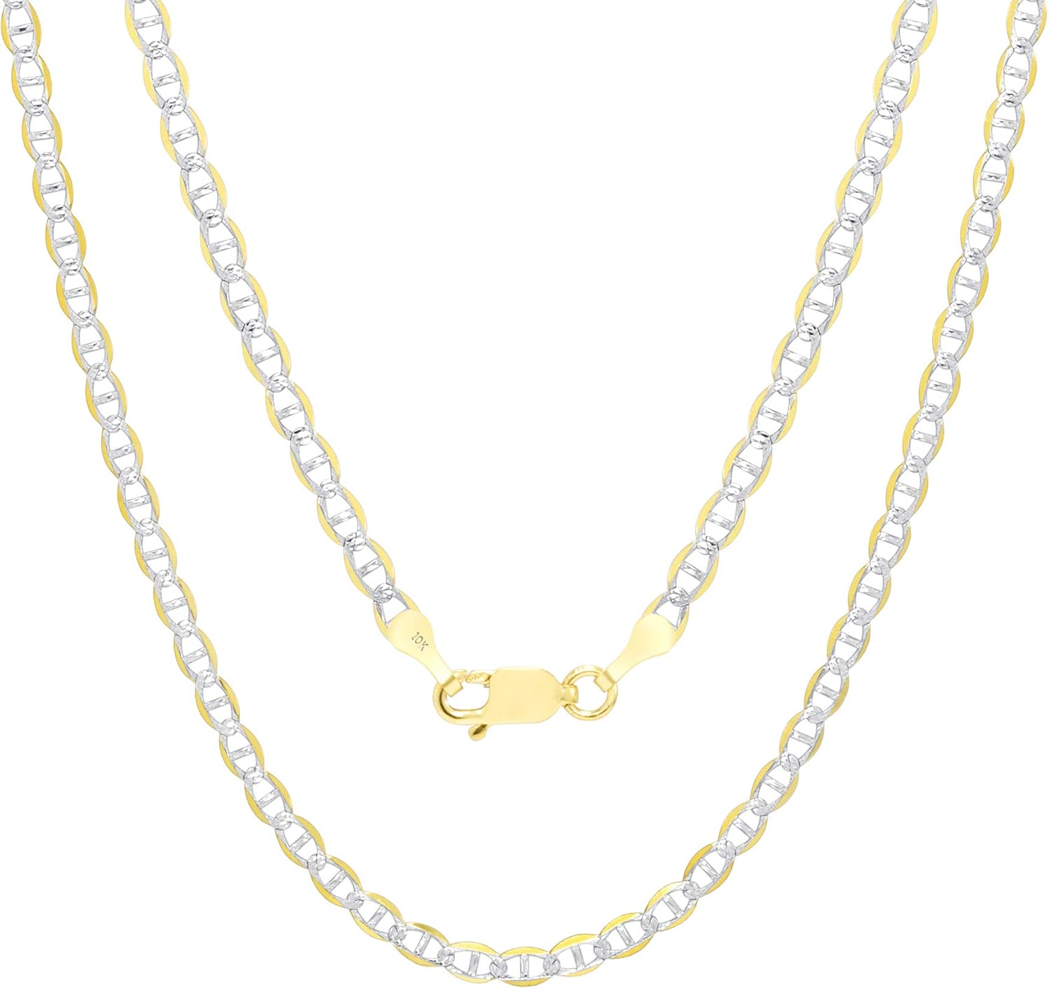 Nuragold 10k Real Yellow Gold Solid Mariner 3mm Anchor Chain Pave Diamond Cut Bracelet (7"-9") Two Tone Italian Jewelry for Men & Women