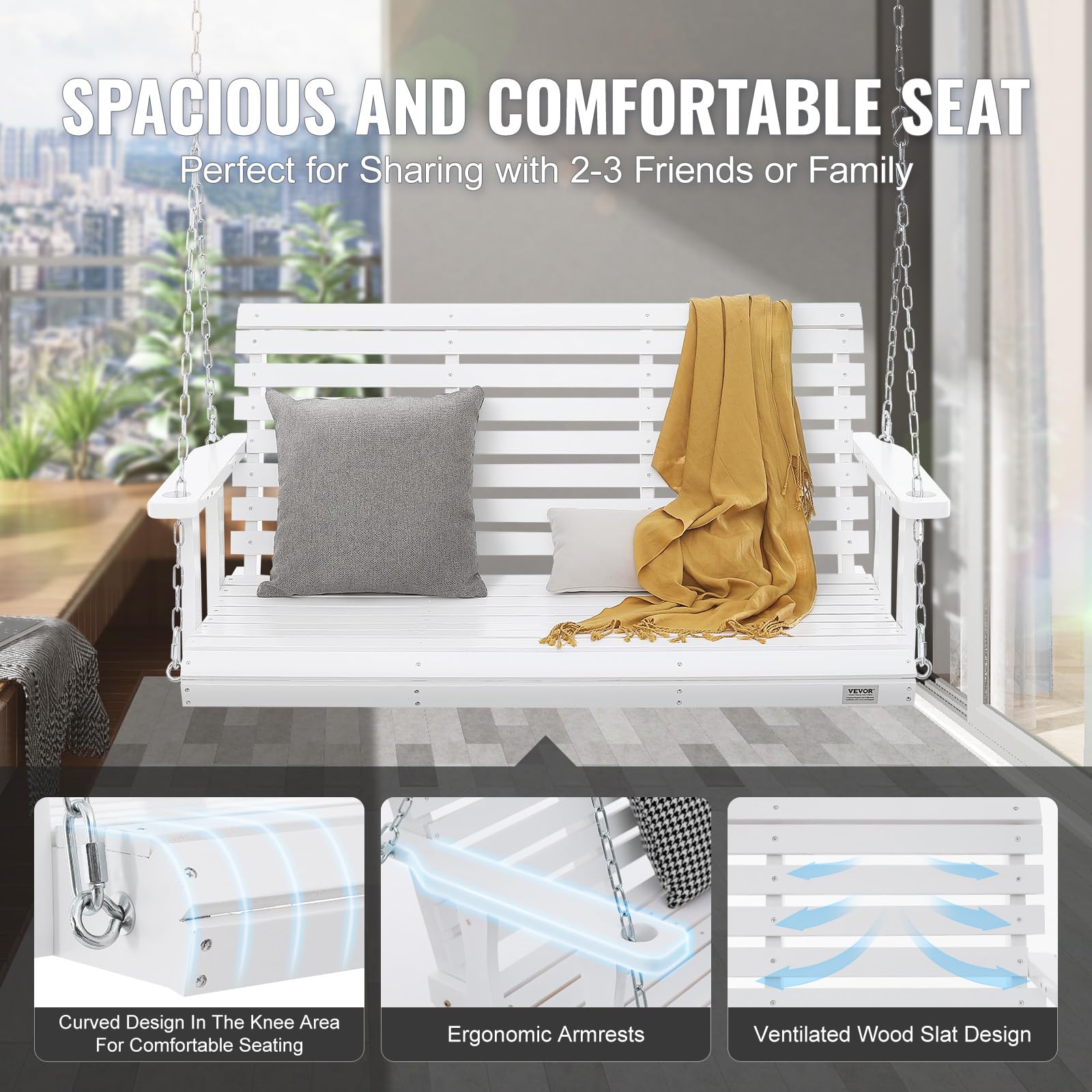 VEVOR Columpio de Madera para Porche de 4,5 '', Columpio de Banco para Patio y Jardín, Capacidad de Carga Fuerte Mejorada de 880 Libras, Banco de Silla con Cadenas Colgantes, Marrón Carbonizado