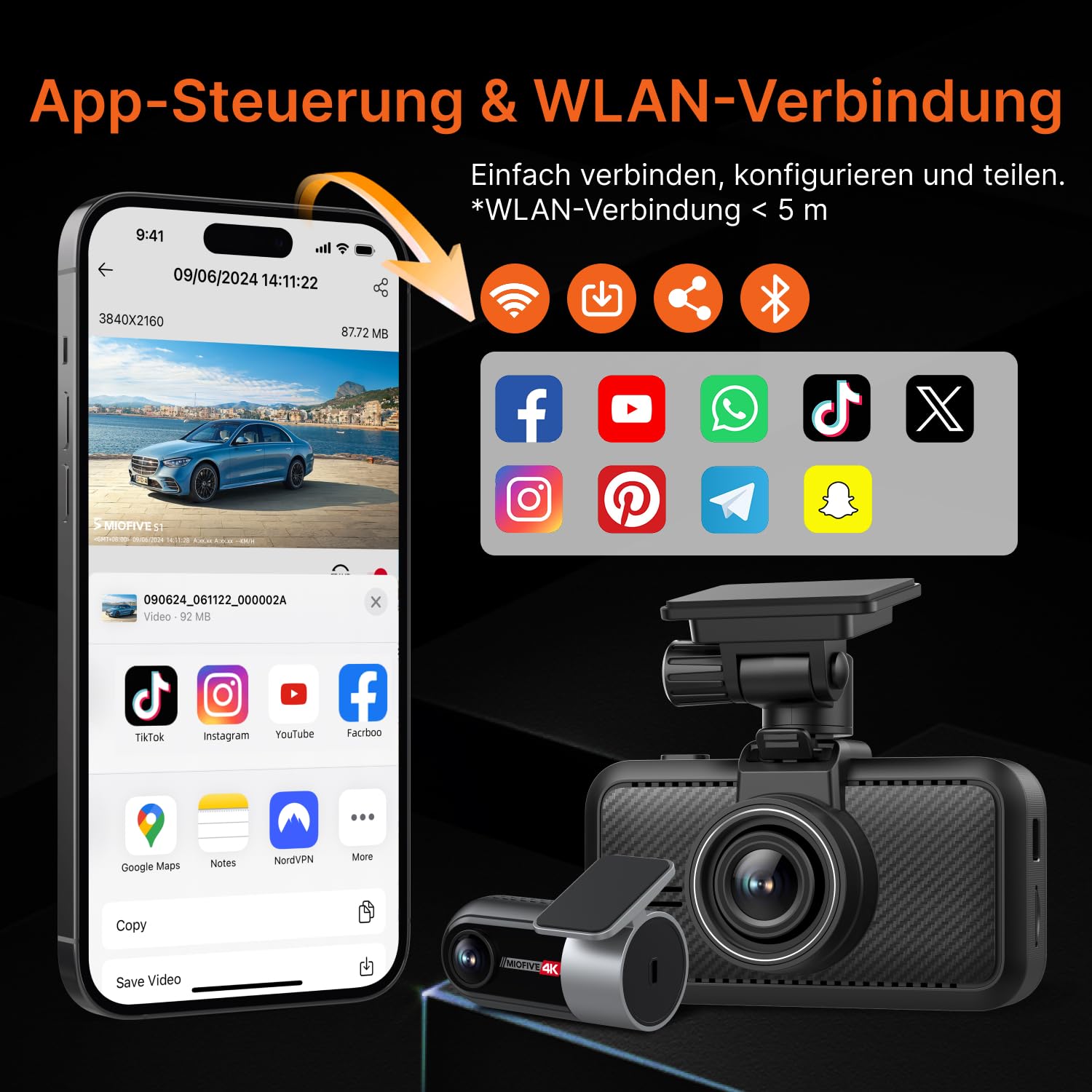 Miofive 4K/4K Dashcam Auto Vorne Hinten, GPS, 5.8GHz Wi-Fi, Dual Auto Kamera mit Nachtsicht, kostenlose 64-GB-Karte, 3-Zoll-IPS-Display,Loop-Aufnahme, HDR, APP Steuerung, Support 512GB Max