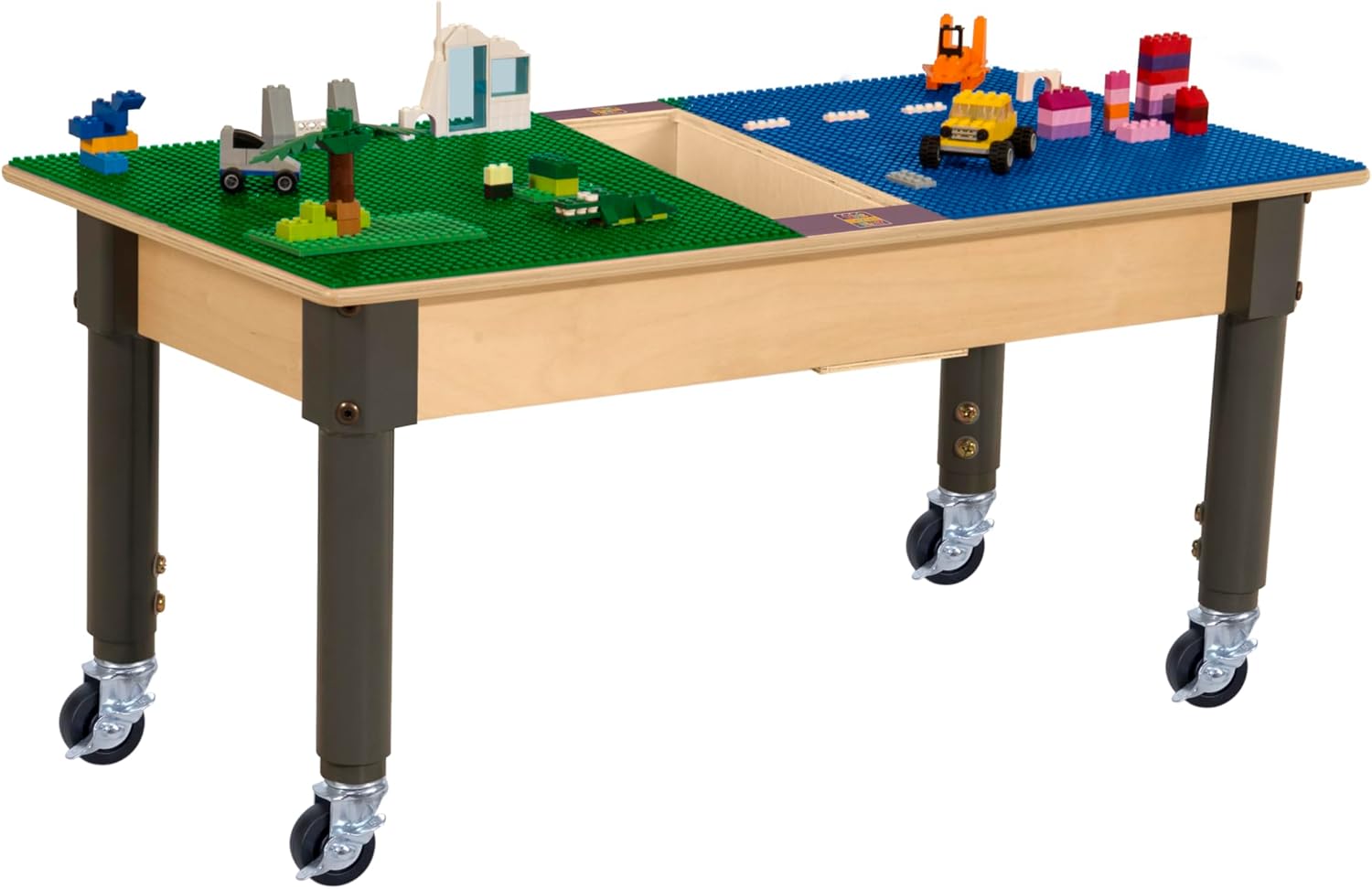 Wood Designs Time-2-Play 30.75"x15.5" Rectangular School Activity Table, Blue & Green Lego Compatible Play Table with Trough and Wheels for Kids, 12”-17” Adjustable Legs [Rolling Casters Included]