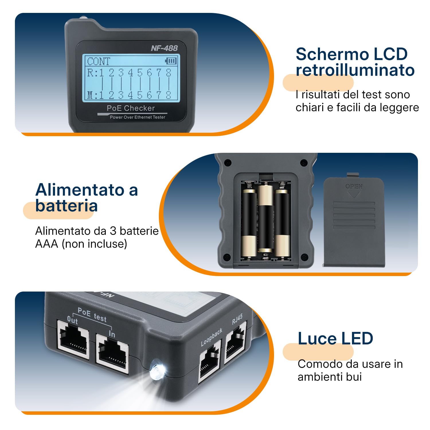 Mcbazel Tester di Rete RJ45, Tester per Cavi di Rete con Display LCD, Funzione POE