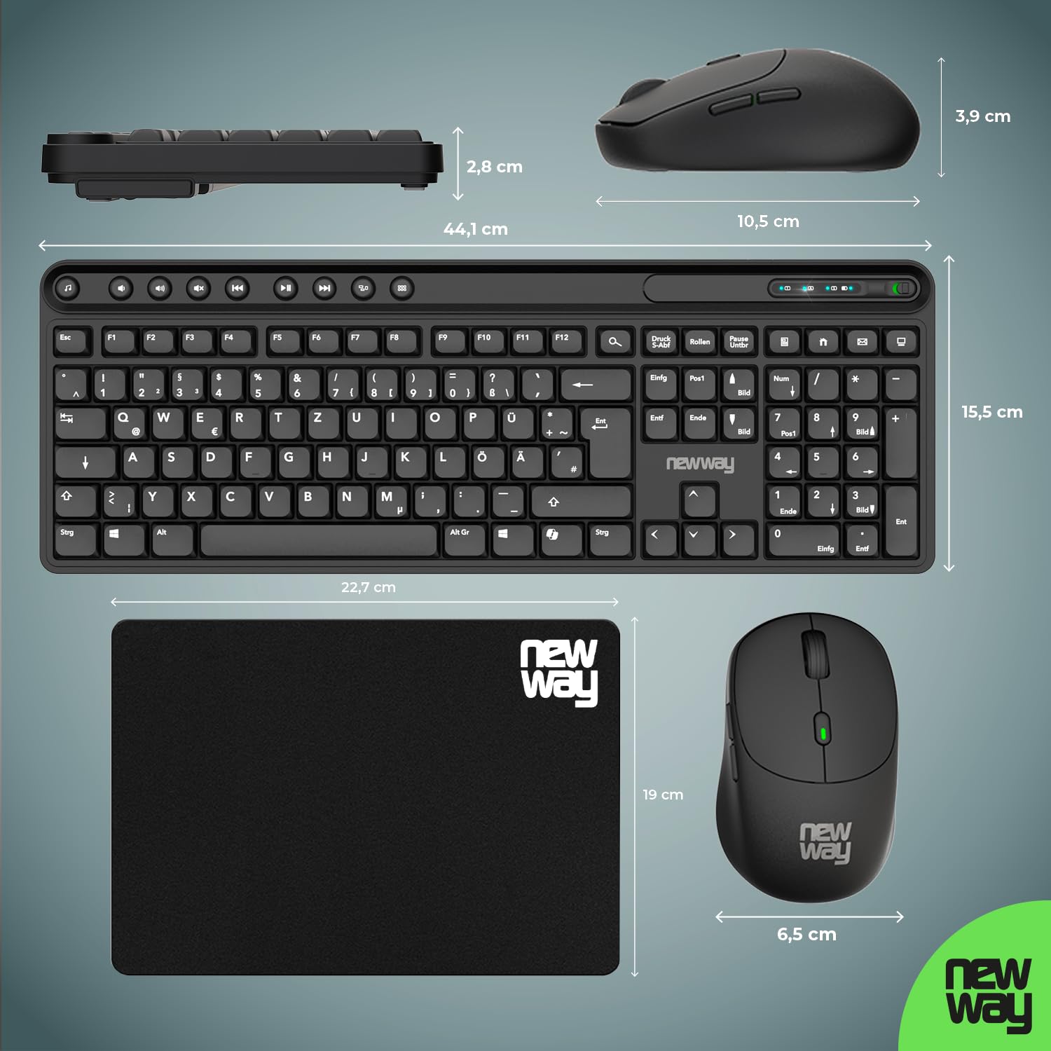 NEWWAY NKMP252 Clavier Souris sans Fil 2.4 GHz AI Copilot – AZERTY Français – Frappe Silencieuse, 14 Touches Multimédias, Souris Légère 6 Boutons, Tapis de Souris Inclus, Longue Autonomie (Noir)