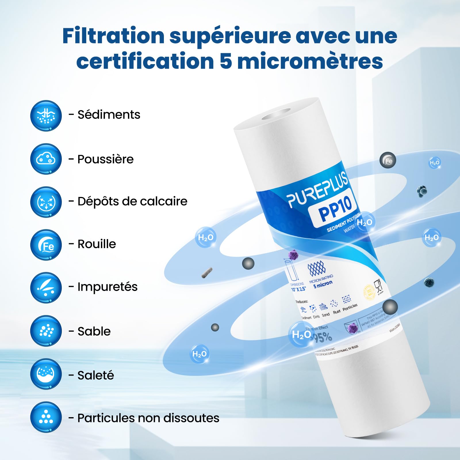 PUREPLUS Filtre à eau à sédiments 5 microns 10" x 2.5" Lot de 4 Cartouches Compatible Big Blue