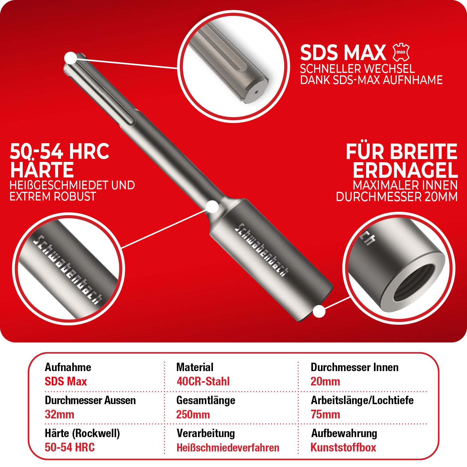SCHWABENBACH® Insertador SDS Max para Picas de Tierra 250 x Ø32 mm – Herramienta para Clavar Varillas de Puesta a Tierra, Piquetas y Anclajes – Interior Ø20,5 mm, Acero Robusto para Martillo Demoledor