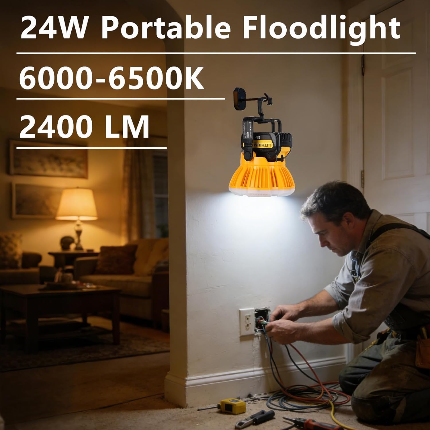Cordless Work Light Floodlight for Dewalt 20V Battery, 24W Flashlight 2400LM Portable Work Lights with SOS Flash, Tool Lights Workshop Home Repair Garage Camping (NO Battery Included)