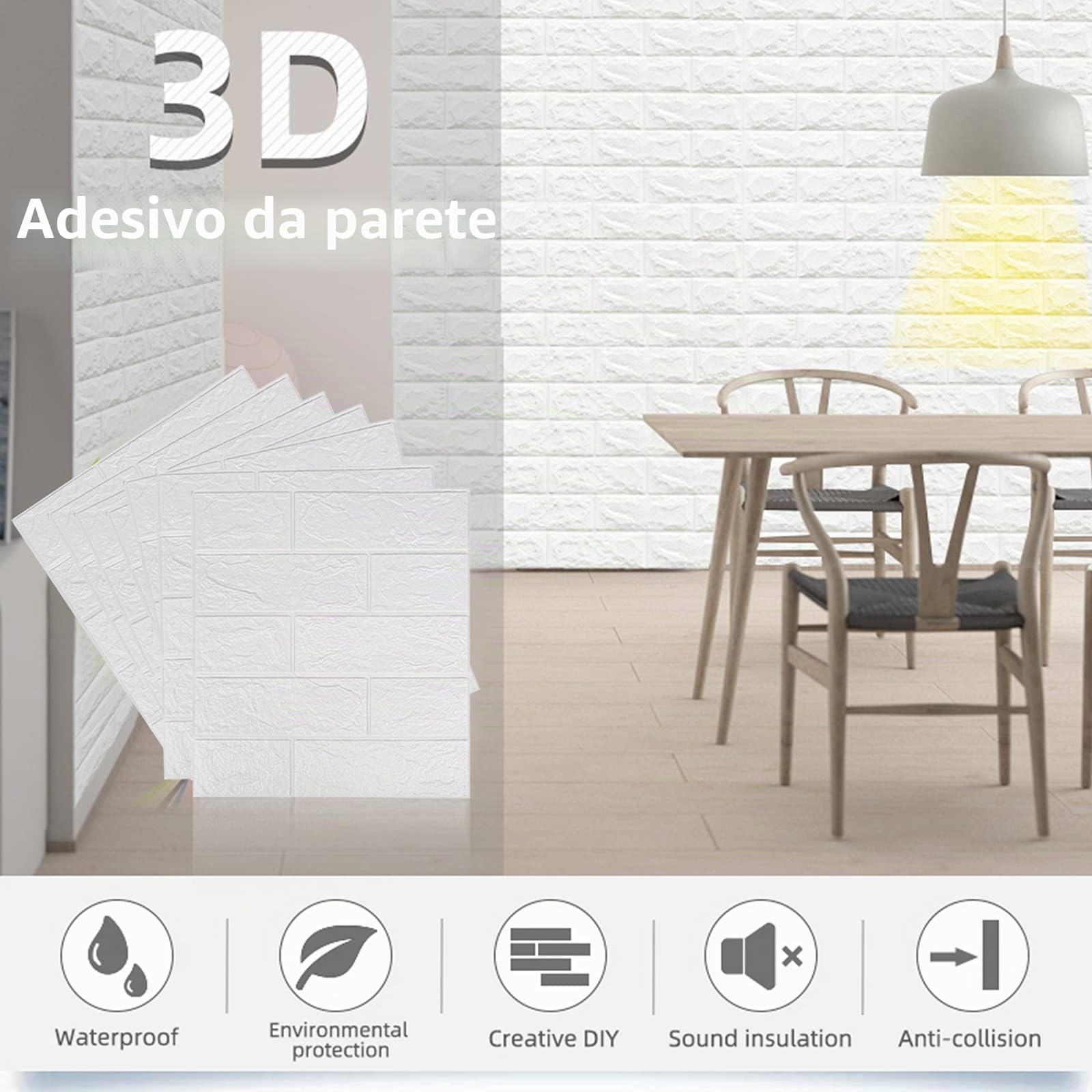 Carta da parati 3D, 10 pezzi 3D mattoni autoadesivi, 38,5 x 35 cm, motivo mattone bianco, per bagno, camera da letto, soggiorno, balcone, cucina