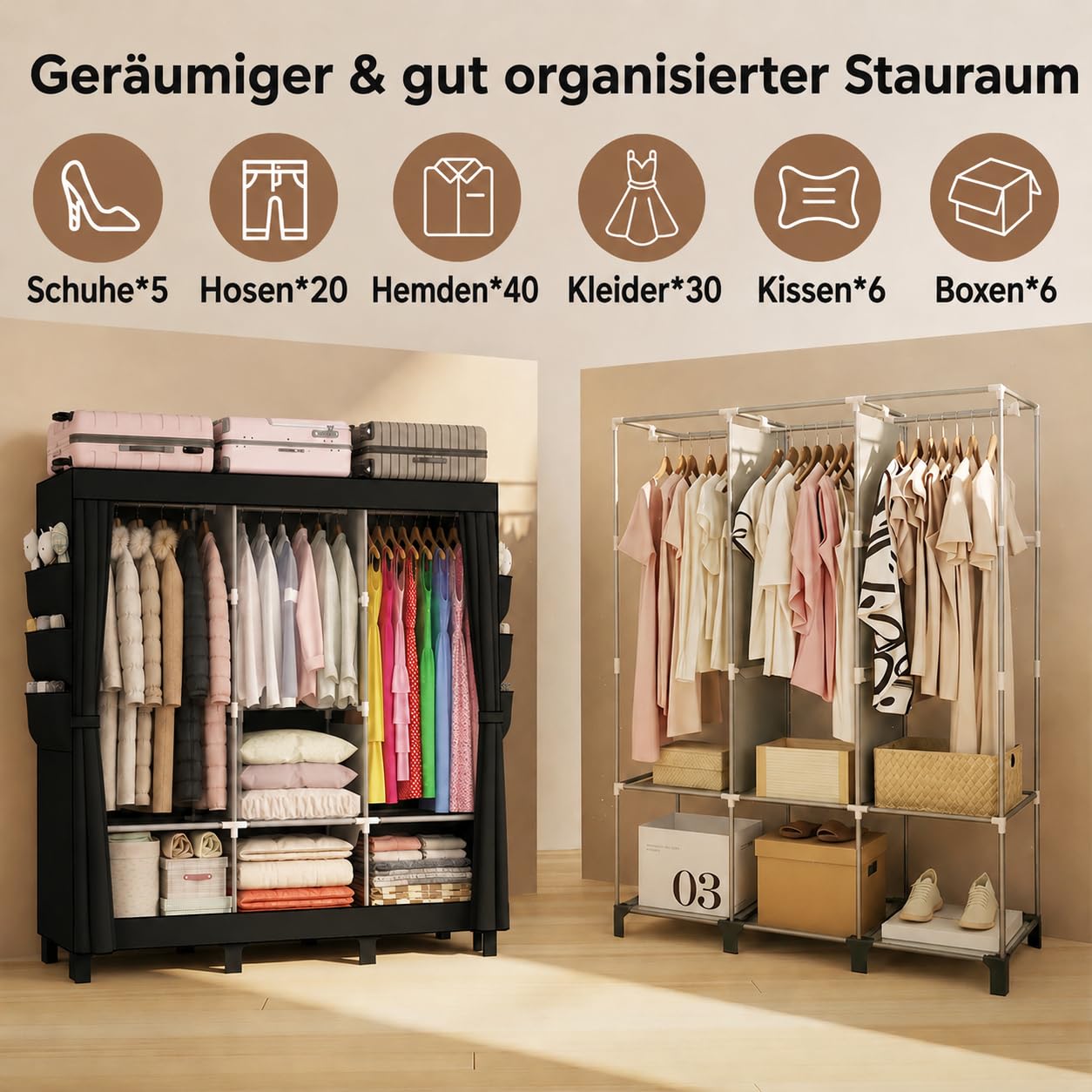 Kleiderschrank Stoffschrank mit Kleiderstange, Stabiler Tragbarer Kleiderschrank mit Überzug für Schlafzimmer und Ankleidezimmer
