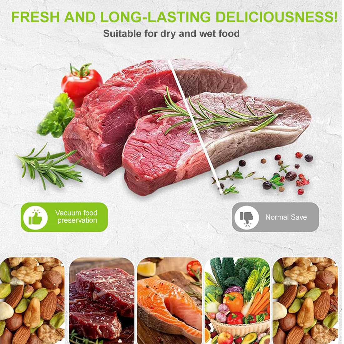 Sacchetti per Sottovuoto Alimenti, 10 Pezzi Riutilizzabili con Valvola per Conservazione Ermetica, Ideali per Carne Pesce Frutta e Verdura, Mantengono Freschezza e Sapore a Lungo